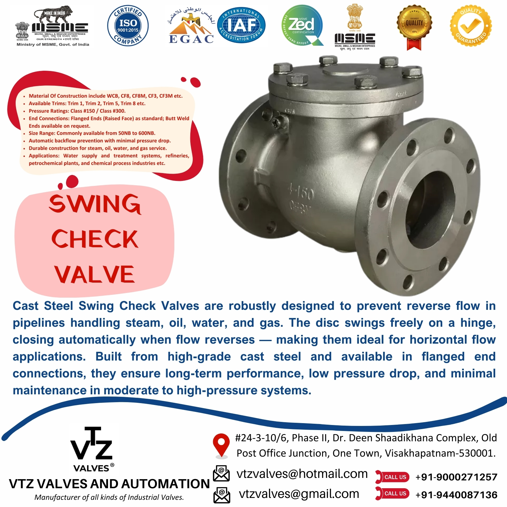 Ensure flow safety and system protection with VTZ VALVES® Cast Steel Swing Check Valves. Designed to automatically prevent reverse flow, these heavy-duty valves offer low-pressure drop, smooth operation, and long-lasting reliability. Suitable for steam, oil, water, and gas lines, they are a perfect fit for oil & gas, power plants, chemical processing, and water treatment systems.
📩 Connect with us for orders and enquiries:
📧 vtzvalves@hotmail.com / vtzvalves@gmail.com
📞 +91-9000271257 / +91-9440087136
🌐 www.vtzvalves.com
#swingcheckvalve #caststeelvalves #checkvalve #flowcontrol #valvesolutions #oilandgasindustry #powerplants #chemicalindustry #watertreatment #madeinindia #vtzvalves