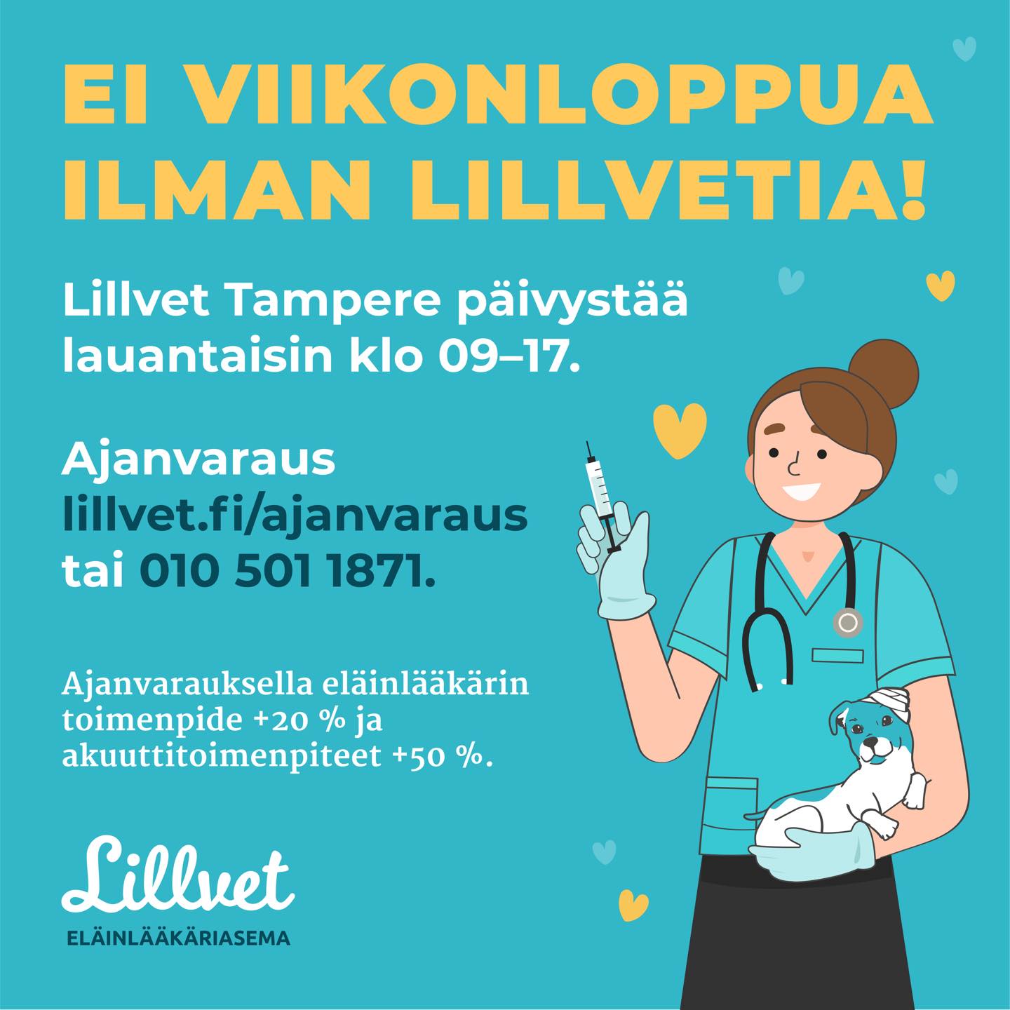 Lillvet Tampere palvelee tÀnÀkin lauantaina klo 09:00-17:00!
Nyt saa tulla leikkauksista hammaspoistoihin ja akuuttivaivoihin kaikki apua tarvitsevat, nimittĂ€in lauantaina meillĂ€ pĂ€ivystÀÀ itse johtava elĂ€inlÀÀkĂ€ri Jukka Lillstrang von Wendt! âïž