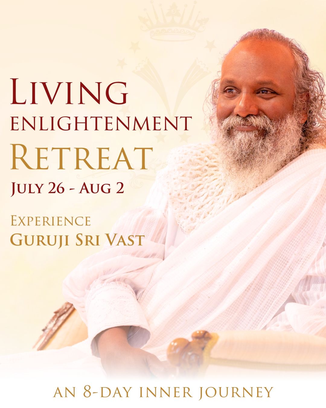 Welcome to the retreat: ‘Living Enlightenment – born once again’, this summer in Divinya.
Embark on a profound inner journey in the presence of the living Master Guruji Sri Vast. This 8-day retreat is a unique opportunity to reconnect with your true nature and explore your highest potential - the Enlightened state.
“Enlightenment is the flower of the human existence. That is so beautiful. The enlightened person is just busy in blooming. Come let us bloom together!”
– Guruji Sri Vast
Living Enlightenment – born once again
Retreat with Guruji Sri Vast
26 July - 2 August
in Divinya, Sweden
Link in bio.