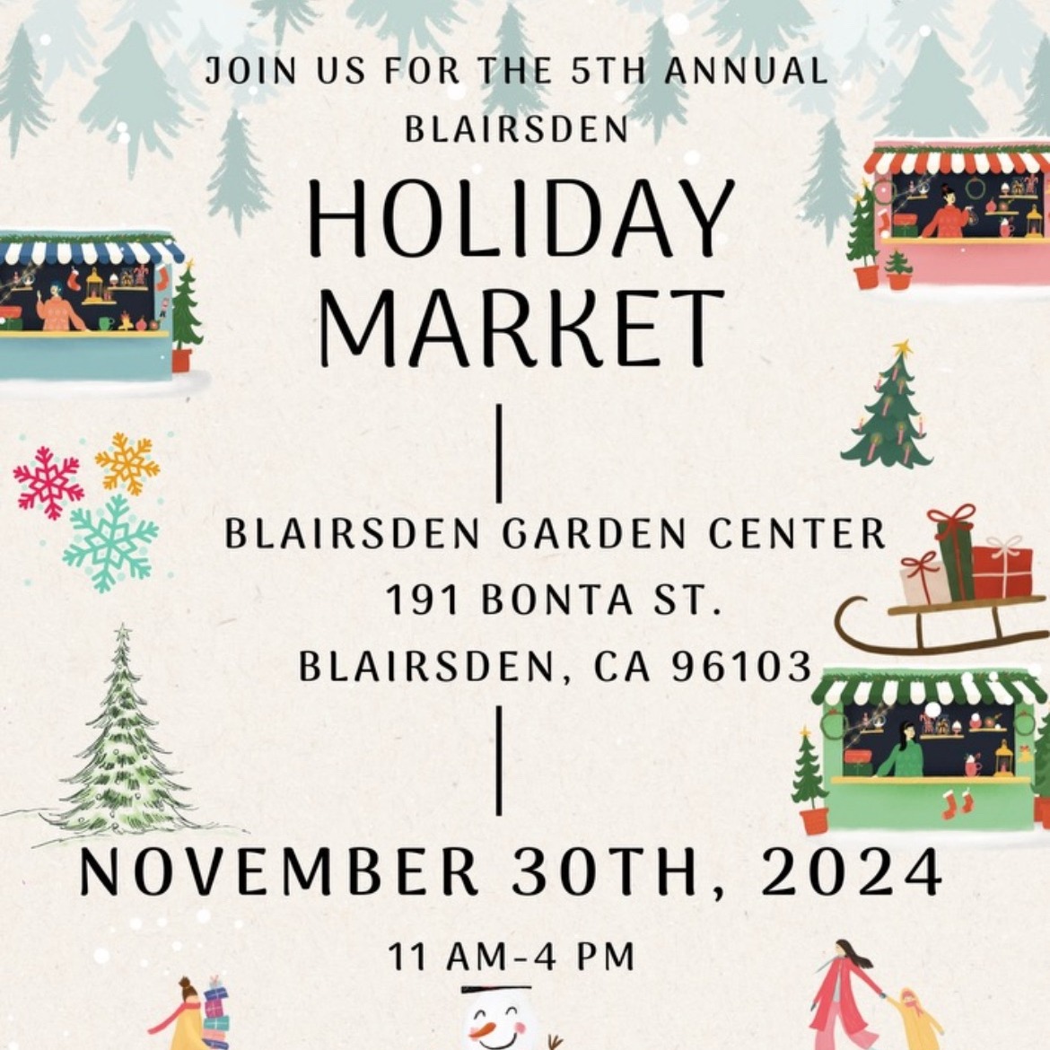 Mark your calendars! Join us for Shop Small Saturday at Blairsden Garden Center for the 5th annual Blairsden Holiday Market! Come find gifts for Christmas, grab a snack and mingle with friends. The festivities start at 11am! See you there!
https://www.facebook.com/events/906072914819730/