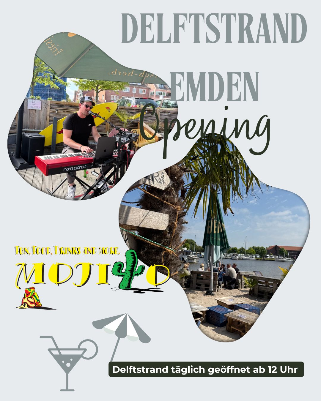 🎉 Heute ist es endlich so weit – der Delftstrand Emden öffnet seine Tore für die neue Saison! ☀️
Mit dabei: Tolle Musik und beste Stimmung zum Start – genau das, was man für einen entspannten Sundowner braucht. 🎶🍹
Die Sonne gibt sich noch etwas schüchtern, aber wir sind schon voll im Sommermodus! Komm vorbei und genieße den Start mit uns! 🌴😎
#DelftstrandEmden #Saisonstart #BeachVibes #EmdenEvents #SommerLaune #mojitoemden