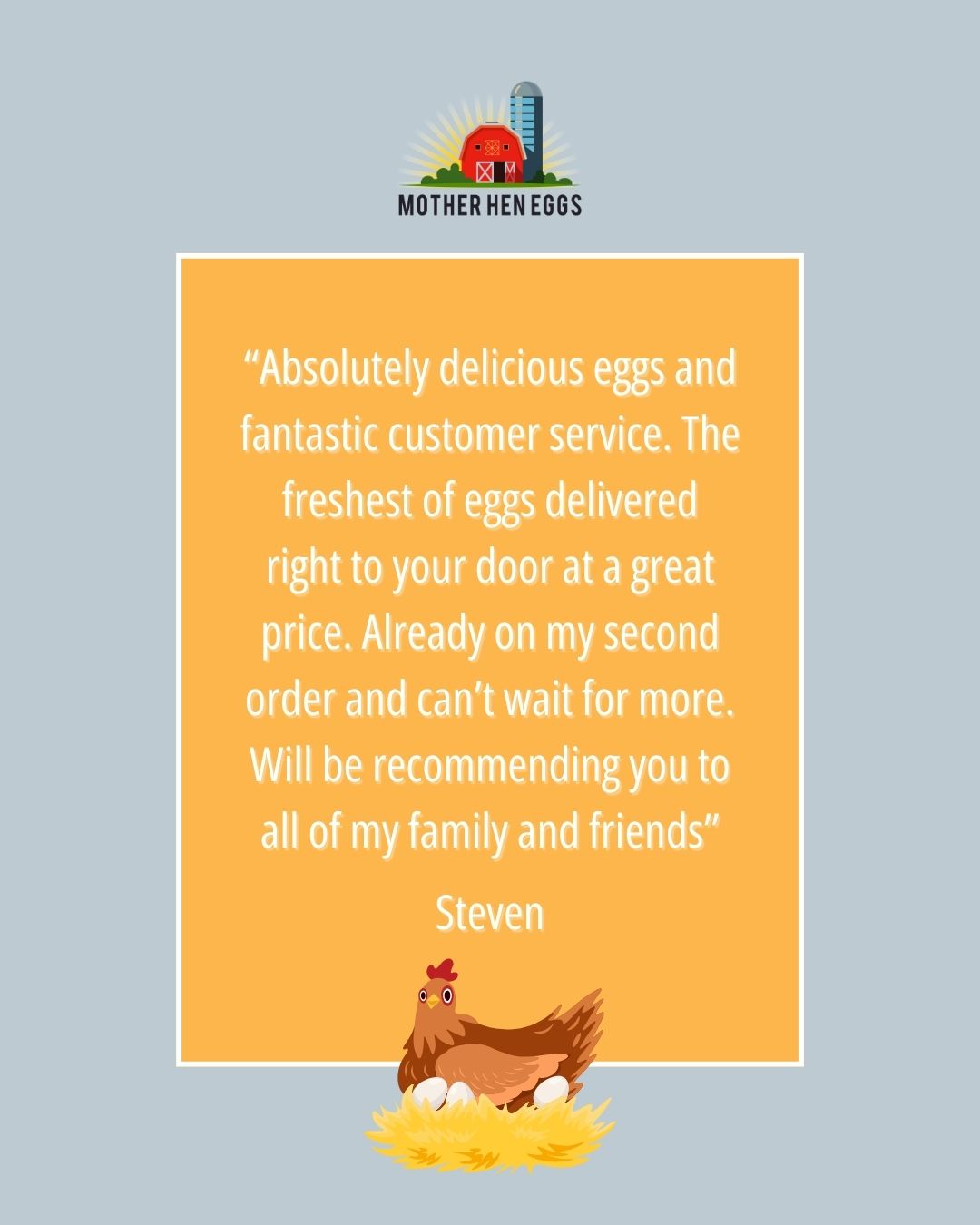 Feedback like this makes our day, thank you, Steven for the lovely review! 💛
Our eggs and produce boxes are delivered free, fresh, fast, and full of flavour 🐔🥚🍅
Ready to taste the difference? Order today at motherheneggs.com
#CardiffEggs #SouthWalesEggs #SupportLocal #FreshFromTheFarm