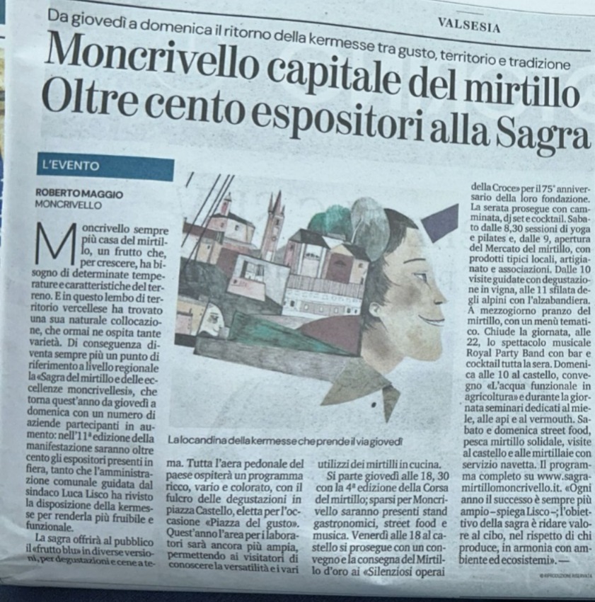 ๐ซ Moncrivello รจ ufficialmente la capitale del mirtillo!
Lo dice anche la stampa! ๐ฃ
Con oltre 100 espositori, eventi per tutti i gusti, degustazioni, laboratori, spettacoli e passeggiate tra vigne e saporiโฆ la Sagra del Mirtillo รจ pronta a stupire!
๐
Dal 12 al 15 giugno 2025
๐ Moncrivello (VC)
๐ฅณ Gusto, tradizione e territorio si incontrano in un evento da non perdere.
Scopri il programma completo su ๐ https://www.sagramirtillomoncrivello.it/
-
-
-
-
#SagraDelMirtillo #Moncrivello #MirtilloPower #TradizioneEPassione #EccellenzeDelTerritorio