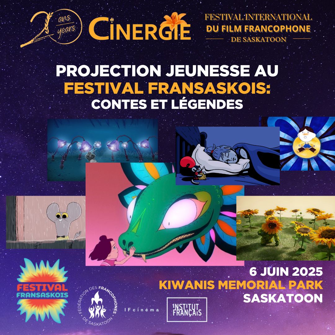 🎉 Retrouvez-nous au Kiwanis Memorial Park au @festivalfransaskois ce vendredi 6 juin pour des projections jeunesse de courts métrages au thème: contes et légendes avec le Festival CINERGIE pendant la journée du festival! 🌟🎬
Une belle journée pleine d'activités pour petits et grands! Projections gratuites.
Merci à l'Institut Français - IF Cinéma pour l'offre gratuite des projections!