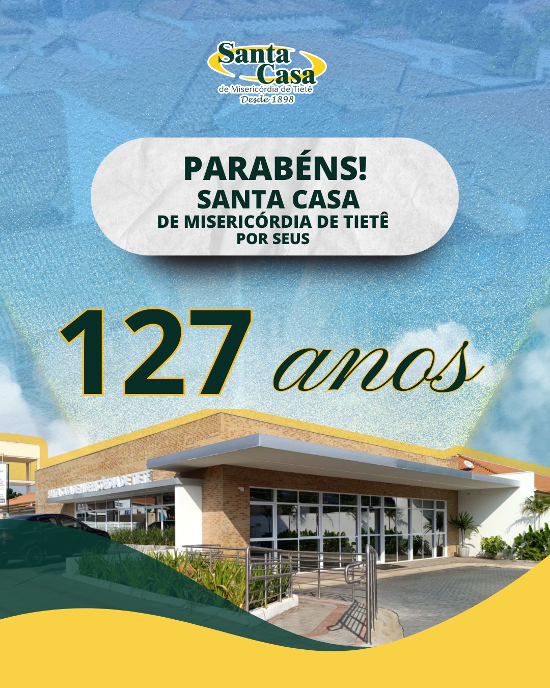 Hoje, celebramos uma história rica e inspiradora!
A Santa Casa de Misericórdia de Tietê completa 127 anos de comprometimento com a saúde e o bem-estar da nossa cidade.
Uma trajetória que não é apenas marcada por conquistas, mas por um legado de amor, dedicação e esperança.
Cada profissional aqui é mais do que um servidor. Eles são guardiões da saúde, oferecendo tratamento com responsabilidade e empatia, sempre prontos para acolher e cuidar de cada paciente como se fossem da família.
Ao longo destes 127 anos, nossa instituição foi palco de milhares de histórias de recuperação, transformação e amor. Cada conquista vai além das paredes que ergueram nossa história; é um reflexo do impacto positivo na vida das pessoas.
A Santa Casa é feita por todas as mãos que, diariamente, contribuem para seu funcionamento. Cada doação, cada parceria, cada gesto de carinho conta para que possamos continuar a nossa missão.
Com os pés fincados na tradição e os olhos voltados para inovações, permanecemos comprometidos em oferecer o melhor para nossos pacientes, sempre buscando maneiras de aprimorar nossos serviços e atender com excelência.
💚 Abrace essa causa!
Junte-se a nós nesta caminhada. Faça parte da história da Santa Casa de Misericórdia de Tietê, contribuindo com doações, parcerias ou mesmo uma simples palavra de apoio. Juntos, somos mais fortes e podemos cuidar de vidas com ainda mais força e carinho.
🙌 Vamos continuar a construir esse sonho unidos! Porque, para nós, cada vida é preciosa e cada cuidado conta.
Santa Casa de Misericórdia de Tietê - 127 anos de amor ao próximo. Cuidando de vidas, estamos sempre juntos! 💖