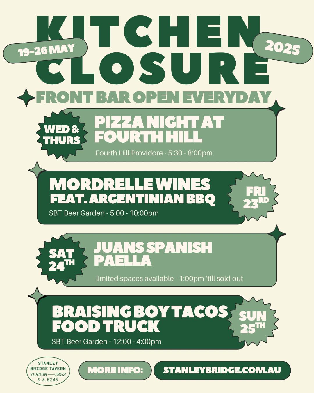 This Sunday we are stopping in at the @stanleybridgetavern while they give their kitchen an overhaul.
There is no better time of year to get amongst the Adelaide Hills than Autumn, and this weekend you can pair your wine with some Braising Boy tacos. Hop in the car and see you for Sunday lunch between 12 and 4pm in Verdun!