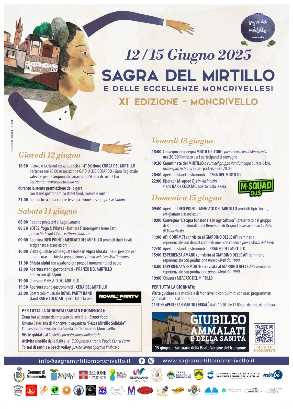 🎉 𝑺𝑨𝑮𝑹𝑨 𝑫𝑬𝑳 𝑴𝑰𝑹𝑻𝑰𝑳𝑳𝑶 2025
📍 Moncrivello (VC) | 📅 12–15 Giugno
🍇 Gusto, musica, tradizione e natura per tutta la famiglia!
👉 Ecco il programma dettagliato in breve:
🍴 𝑪𝑰𝑩𝑶 𝑬 𝑺𝑨𝑷𝑶𝑹𝑰
• Pranzi e cene a tema mirtillo 🍝
• Stand gastronomici e street food
• Degustazioni in vigna e al Giardino delle Api
• Mercato dei prodotti tipici e artigianali
🏃♂️ 𝑺𝑷𝑶𝑹𝑻 & 𝑩𝑬𝑵𝑬𝑺𝑺𝑬𝑹𝑬
• Corsa e camminata del mirtillo
• Yoga & Pilates nella natura
• Pesca al lago, tornei sportivi, beach volley
🎶 𝑴𝑼𝑺𝑰𝑪𝑨 𝑬 𝑫𝑰𝑽𝑬𝑹𝑻𝑰𝑴𝑬𝑵𝑻𝑶
• DJ set in piazza 🎧
• Spettacoli live con band
• Serate danzanti e cocktail sotto le stelle 🍹
🧒 𝑭𝑨𝑴𝑰𝑮𝑳𝑰𝑬 & 𝑩𝑨𝑴𝑩𝑰𝑵𝑰
• Animazione e laboratori
• Visite guidate al castello e ai vigneti
• Attività educative nella natura
📿 𝑺𝑷𝑰𝑹𝑰𝑻𝑼𝑨𝑳𝑰𝑻𝑨̀ & 𝑻𝑹𝑨𝑫𝑰𝒁𝑰𝑶𝑵𝑬
• Consegna del Mirtillo d’Oro
• Convegni e incontri culturali
• 15 giugno: Giubileo degli Ammalati e della Sanità
💜 𝑰𝑵𝑭𝑶 𝑼𝑻𝑰𝑳𝑰
📲 Programma completo e iscrizioni (sia per Visite Guidate in Castello che In vigna, scrivere a 𝒊𝒏𝒇𝒐@𝒔𝒂𝒈𝒓𝒂𝒎𝒊𝒓𝒕𝒊𝒍𝒍𝒐𝒎𝒐𝒏𝒄𝒓𝒊𝒗𝒆𝒍𝒍𝒐.𝒊𝒕 ):
🌐 sagramirtillomoncrivello.it
📧 info@sagramirtillomoncrivello.it
📸 Seguici con #SagraDelMirtillo
🫐 Vi aspettiamo a Moncrivello per l’estate più blu dell’anno!