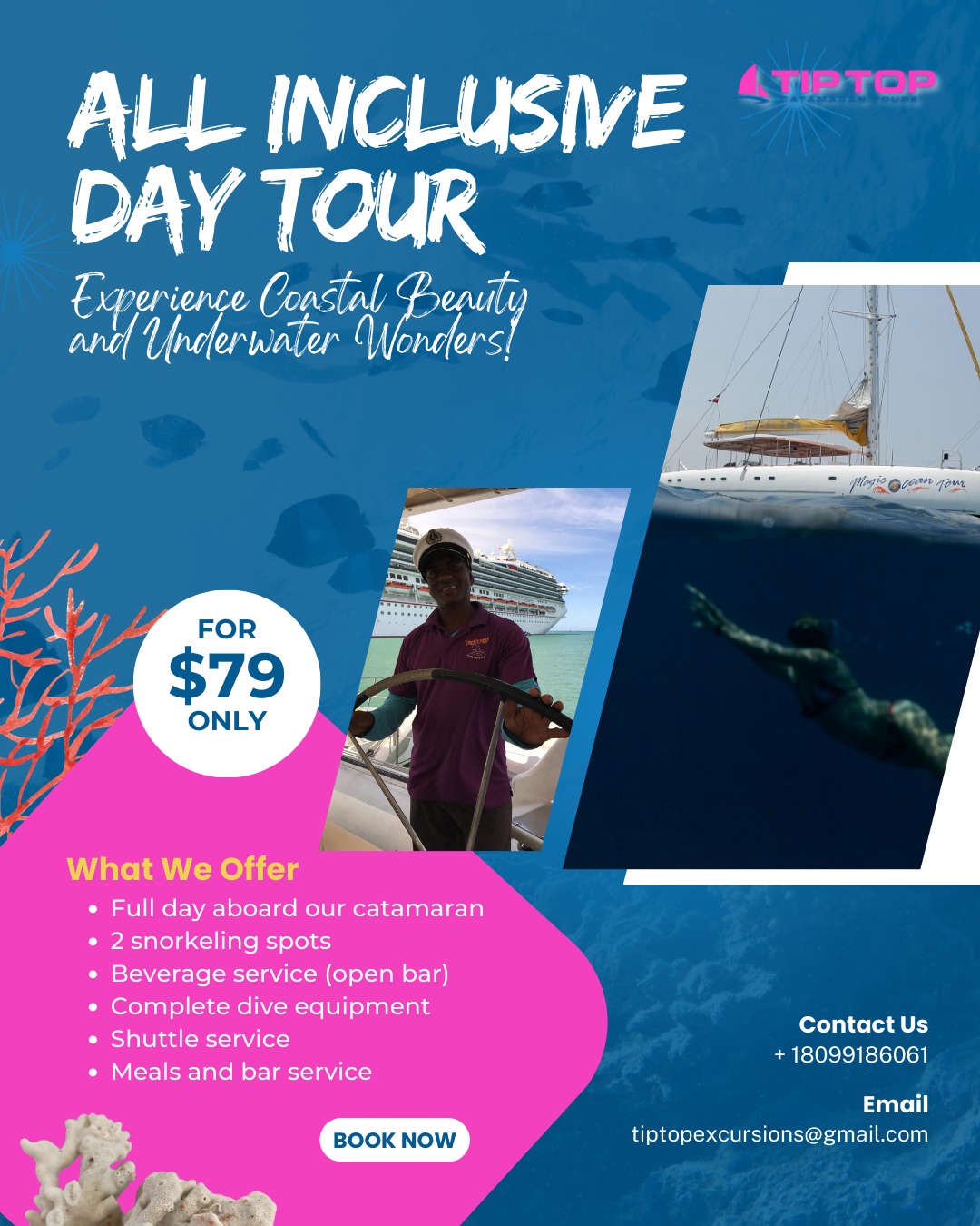 Your dream day at sea is just a booking away! 🚤
Dive into crystal-clear waters, explore vibrant reefs, sip on tropical drinks, and enjoy a delicious onboard lunch—all included in your Tip Top adventure. 🌊☀️ Who’s ready for the ultimate getaway?
#allinclusivesailing #oceanparadise #snorkeltrip #boatingadventure #tiptopcatamaran #seayououtthere #luxuryescape #caribbeanmagic #islandvibes #sailandexplore #sunsetdreaming