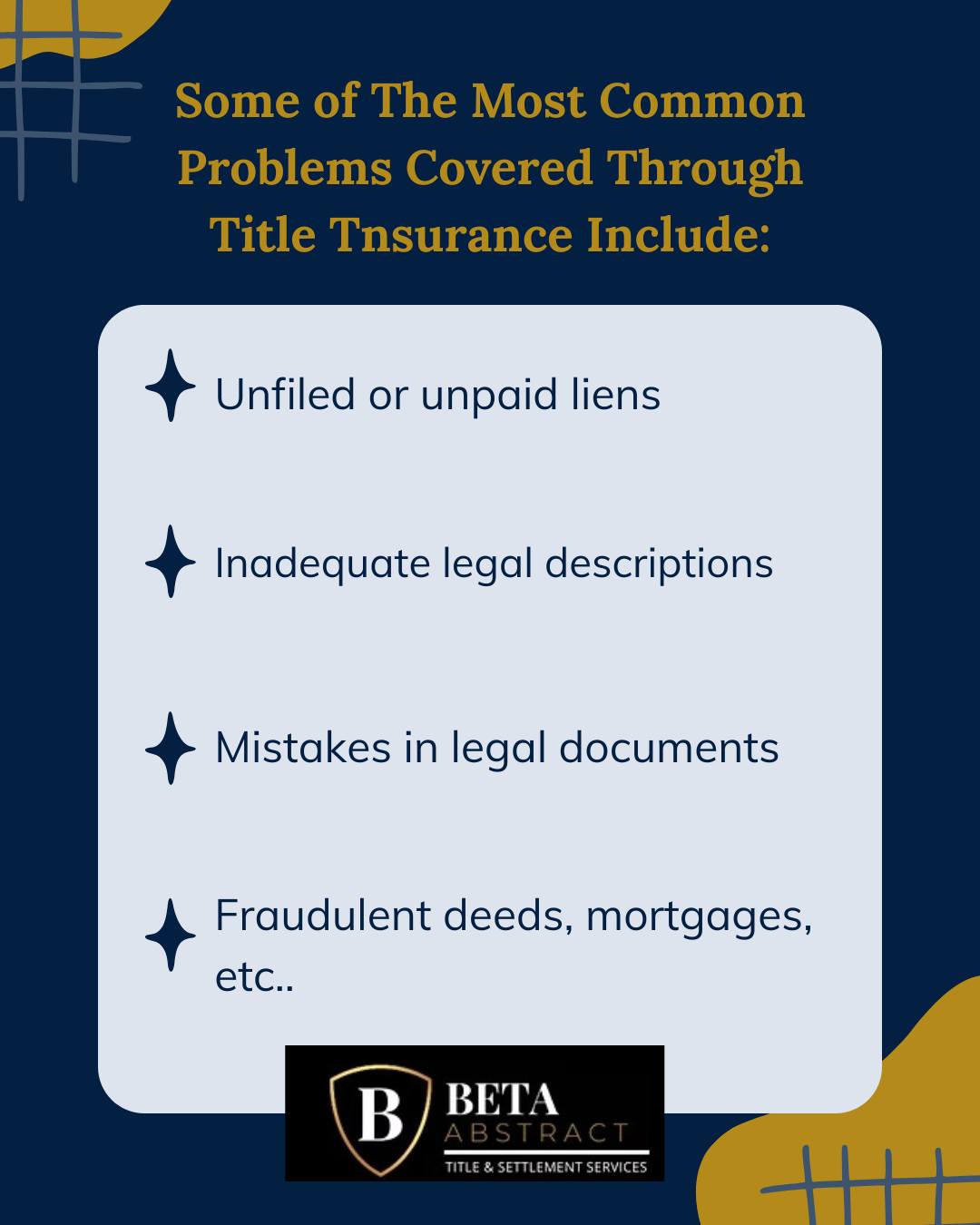 Common Issues Title Insurance Protects Against 🛡️🏠
From unpaid liens to fraudulent deeds, title insurance can help safeguard your real estate investment. Learn how Beta Abstract can help protect your property rights.
#TitleInsurance #RealEstateProtection #PropertyOwnership #HomeBuyingTips #BetaAbstract