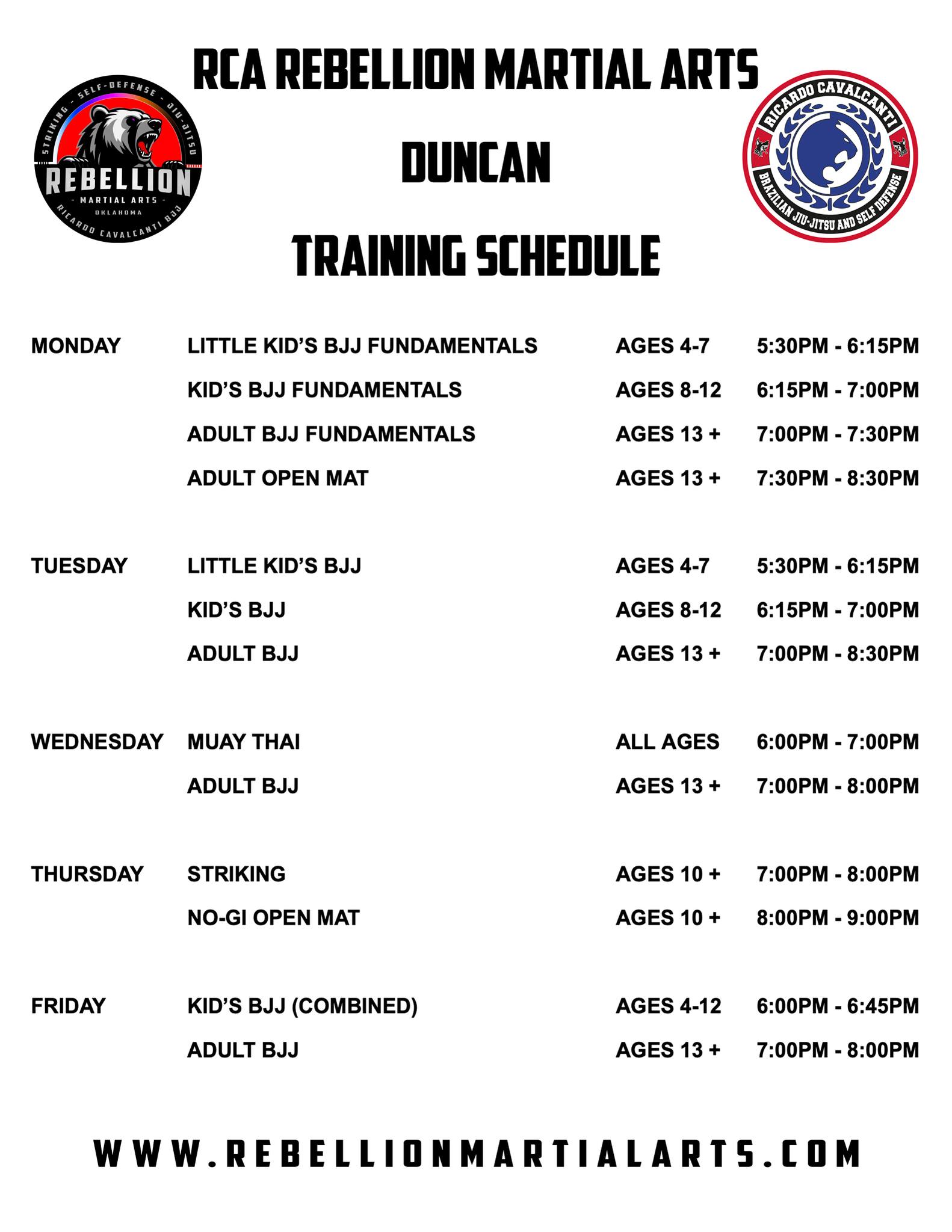 🚨 𝐑𝐄𝐁𝐄𝐋𝐋𝐈𝐎𝐍 𝐃𝐔𝐍𝐂𝐀𝐍 🚨
NEW SCHEDULE NOTICE!
Beginning Tuesday, May 27, 2025, our DUNCAN LOCATION"S training schedule will change to schedule attached to this post.
Nothing really changes except for the addition of more kid's classes. We believe this change will help improve our Rebellion Duncan kid's program by separating some of the kid's classes by age groups to accommodate our growing student base!
This schedule change is for our 𝐃𝐔𝐍𝐂𝐀𝐍 𝐋𝐎𝐂𝐀𝐓𝐈𝐎𝐍 𝐎𝐍𝐋𝐘 and does not affect our Ada location.
If you have any questions, feel free to reach out!
#JoinTheRebellion #RebellionMAOK #CavalcantiBJJ #RCABJJ #SOC #ada #duncan #oklahoma #jiujitsu #grappling #groundfighter #jiujitsufamily #keeplearning #levelup #keepgrowingkeepgoing #jiujitsulifestyle #SonsOfCavalcanti #bjj #brazilianjiujitsu #martialarts #training #selfdefense #striking #blackbeltisjustthebeginning #NOTHINGMOREIMPORTANTTHANJIUJITSU
Ricardo Cavalcanti Academy - Brazilian Jiu Jitsu Cavalcanti Jiu Jitsu International Association Ricardo Cavalcanti @cavalcantibjjassociation @ricardocavalcantiacademy @cavalcantibjjassociation