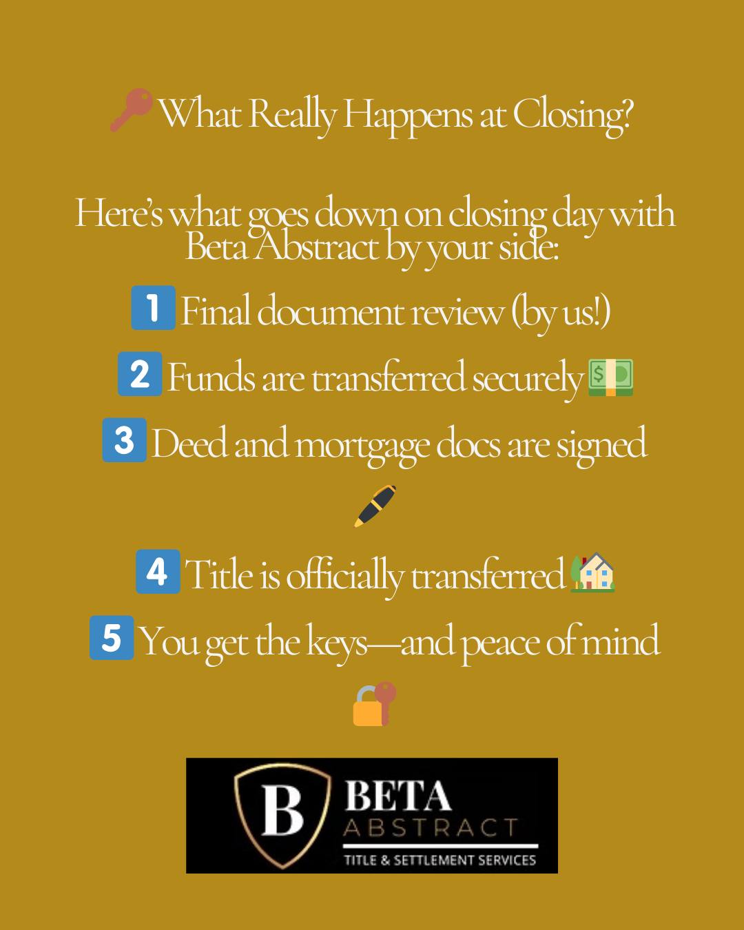 🔑 Closing Day 101
Wondering what actually happens at the closing table? Here’s the breakdown:
✔️ Final document review
✔️ Secure transfer of funds
✔️ Signing of deed + mortgage
✔️ Title officially transferred
✔️ You get the keys 🏡🔐
At Beta Abstract, we make sure your closing is smooth, secure, and stress-free. Let us handle the fine print—you focus on the big move. 💼📄
#ClosingDay #TitleCompany #RealEstateExperts #HomeClosing #SecureYourKeys #NYRealEstate #WhatToExpectAtClosing #BetaAbstract