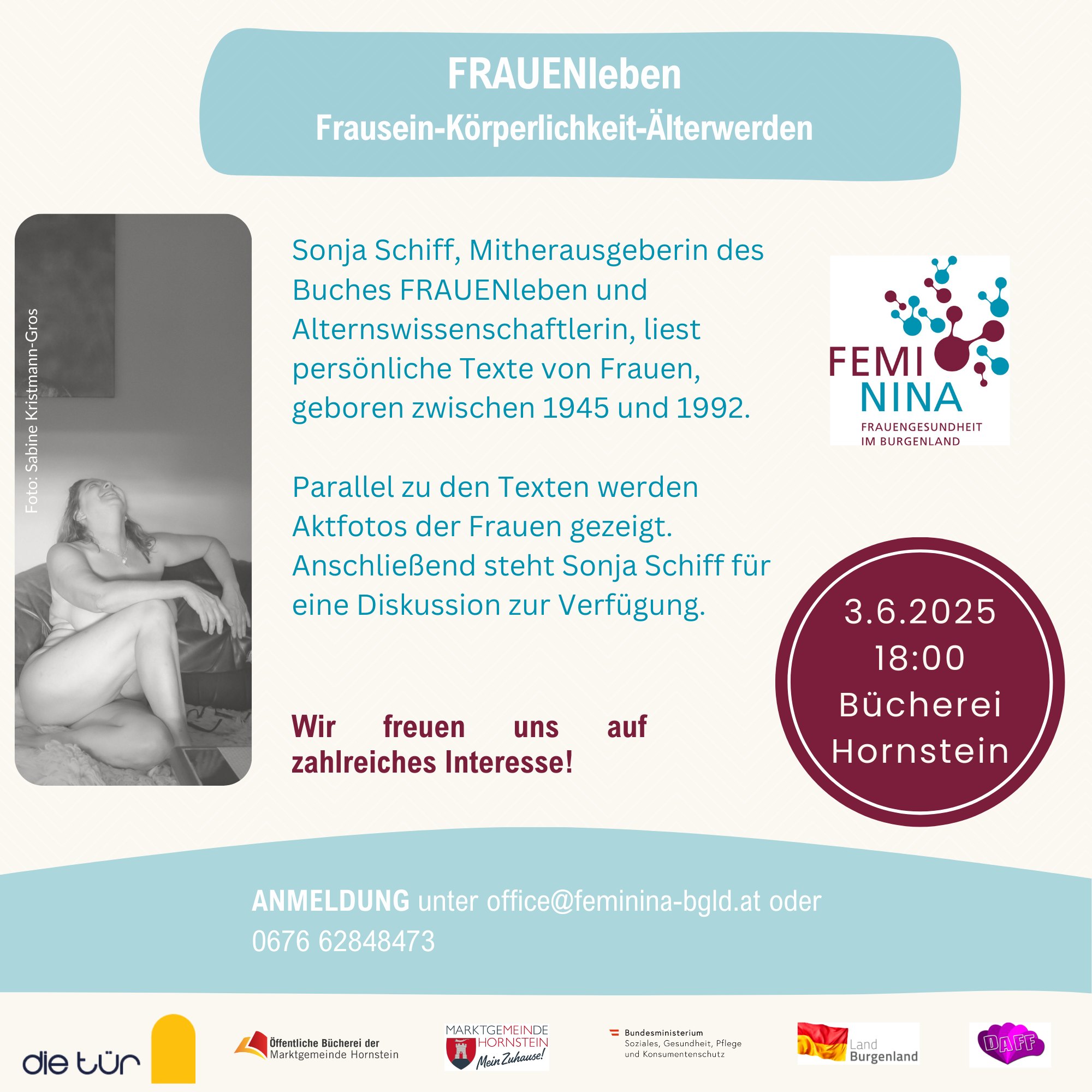 📚 Tag des Buches – und wir feiern mit einem besonderen Ausblick!
Am 3. Juni laden wir zur Präsentation des Buches "FRAUENleben" ein – eine Veranstaltung, die berührt, inspiriert und bewegt.
Persönliche Texte von Frauen (Jg. 1945–1992) treffen auf eindrucksvolle Aktfotografien.
📖💬 Im Anschluss: offene Diskussion mit Mitherausgeberin Sonja Schiff.
Ein Abend, der bewegt – und Frauen in all ihrer Vielfalt sichtbar macht.
#TagDesBuches #FRAUENleben #Feminina #FrauenGesundheit #Buchpräsentation #Körperlichkeit #Altern #FrauenStimmen