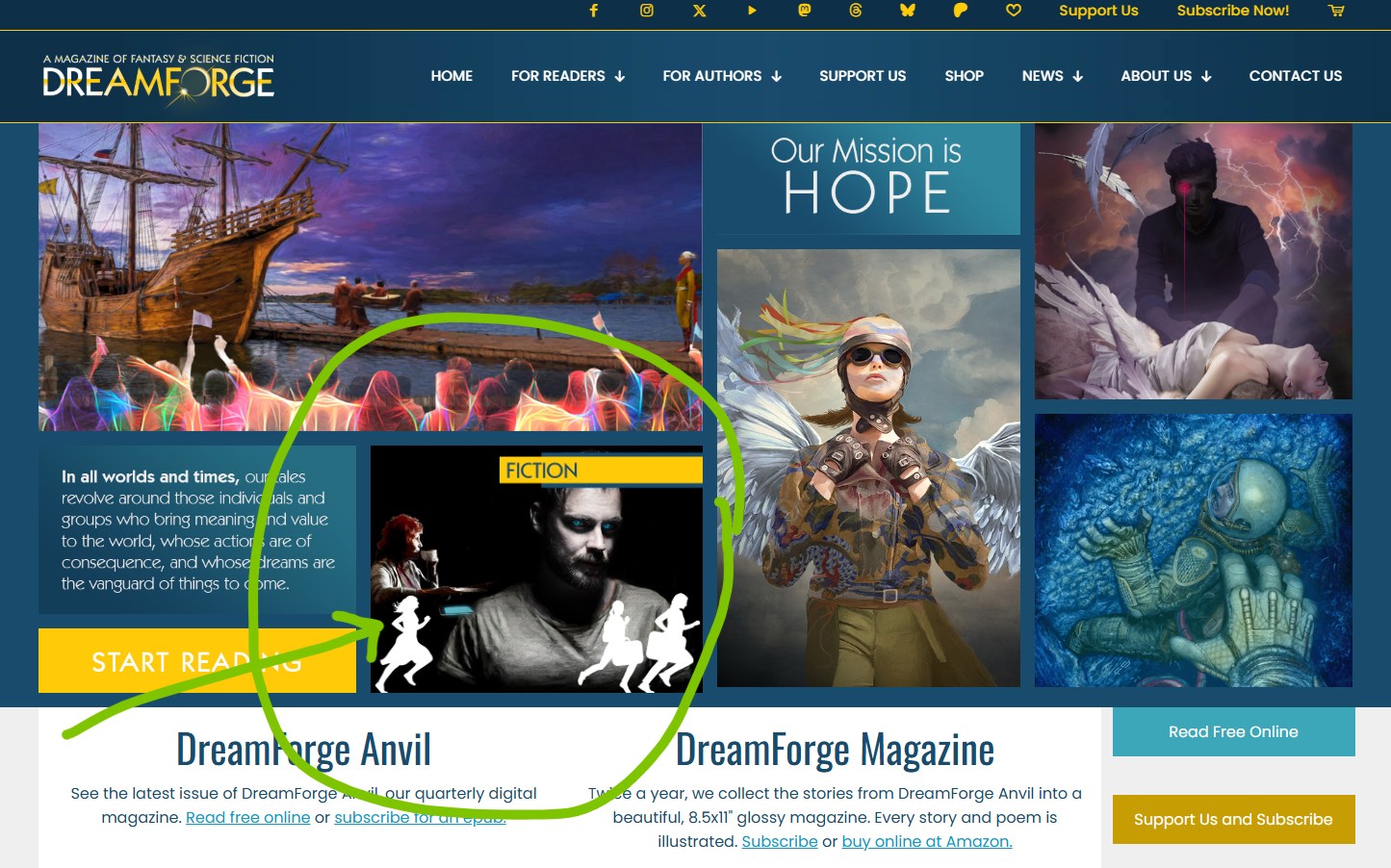 I just saw that my story, "Our Kind" is currently the Featured short story on @dreamforgemagazine's homepage! I was so honored to have my story published by DreamForge several years ago, and so excited to see that they're currently spotlighting it as a Featured story!
It's free to read on their website, so if you enjoy contemporary/urban fantasy, go check it out! Just head to https://dreamforgemagazine.com and click on the story image (circled in the picture above) to read it, or go directly to the story on their website here! https://dreamforgemagazine.com/story/our-kind/
Thank you, DreamForge! 💖