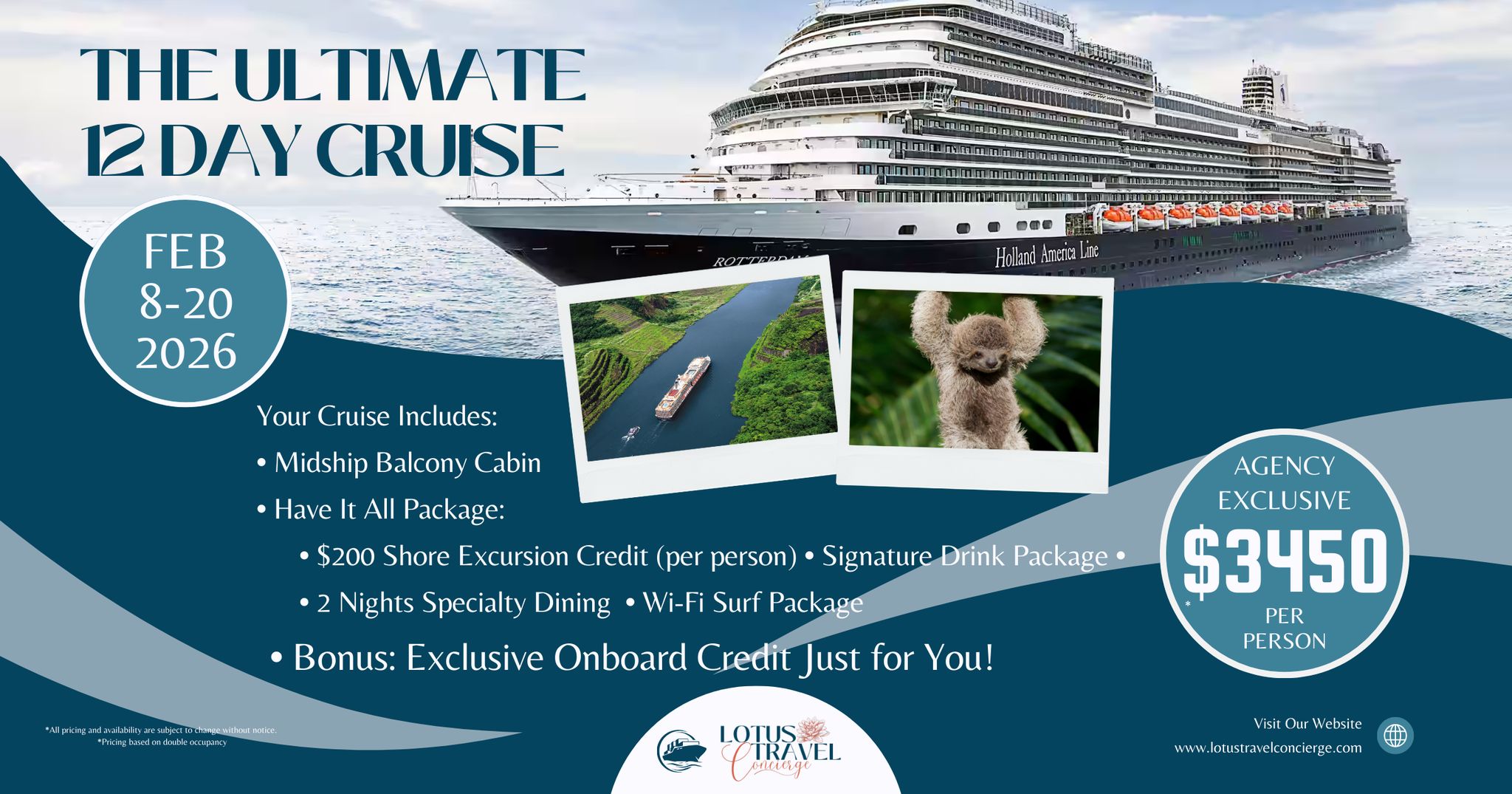 ๐๐จ๐จ๐ค๐ข๐ง๐ ๐๐จ๐ซ ๐ ๐ฐ๐ข๐ง๐ญ๐๐ซ ๐๐ฌ๐๐๐ฉ๐ ๐ข๐ง ๐๐๐๐? ๐'๐ฏ๐ ๐ ๐จ๐ญ ๐๐ง ๐ข๐ง๐๐ซ๐๐๐ข๐๐ฅ๐ ๐๐๐๐ฅ ๐ฒ๐จ๐ฎ ๐ฐ๐จ๐ง'๐ญ ๐๐ข๐ง๐ ๐๐ง๐ฒ๐ฐ๐ก๐๐ซ๐ ๐๐ฅ๐ฌ๐.
Sail with Holland America on a ๐๐-๐๐๐ฒ ๐๐๐ง๐๐ฆ๐ ๐๐๐ง๐๐ฅ ๐๐ข๐ฌ๐๐จ๐ฏ๐๐ซ๐ฒ ๐๐ซ๐ฎ๐ข๐ฌ๐ and explore vibrant ports, tropical beaches, and unforgettable landscapes. Spend your days hanging with Costa Ricaโs famously chill sloths, cruising through the Panama Canal and Gatun Lake, cooking up island flavors with a Caribbean chef in Curaรงao, and snorkeling or kayaking in the clear blue waters of Half Moon Cay - Holland Americaโs private slice of paradise.
Youโll stay in a midship balcony cabin with the Have It All package that includes a $200 per person shore excursion credit, a signature drink package, 2 nights specialty dining, and Wi-Fi. Plus, Iโve arranged exclusive onboard credit just for you.
All for less than $3500 per person!*
Interested? Message me for details.
#PanamaCanalCruise #HollandAmerica #CruiseDeal #Travel2026 #CostaRicaCruise #CaribbeanCruise #CruiseLife #WinterEscape #HalfMoonCay #LuxuryCruise #TravelAdvisor #LotusTravelConcierge