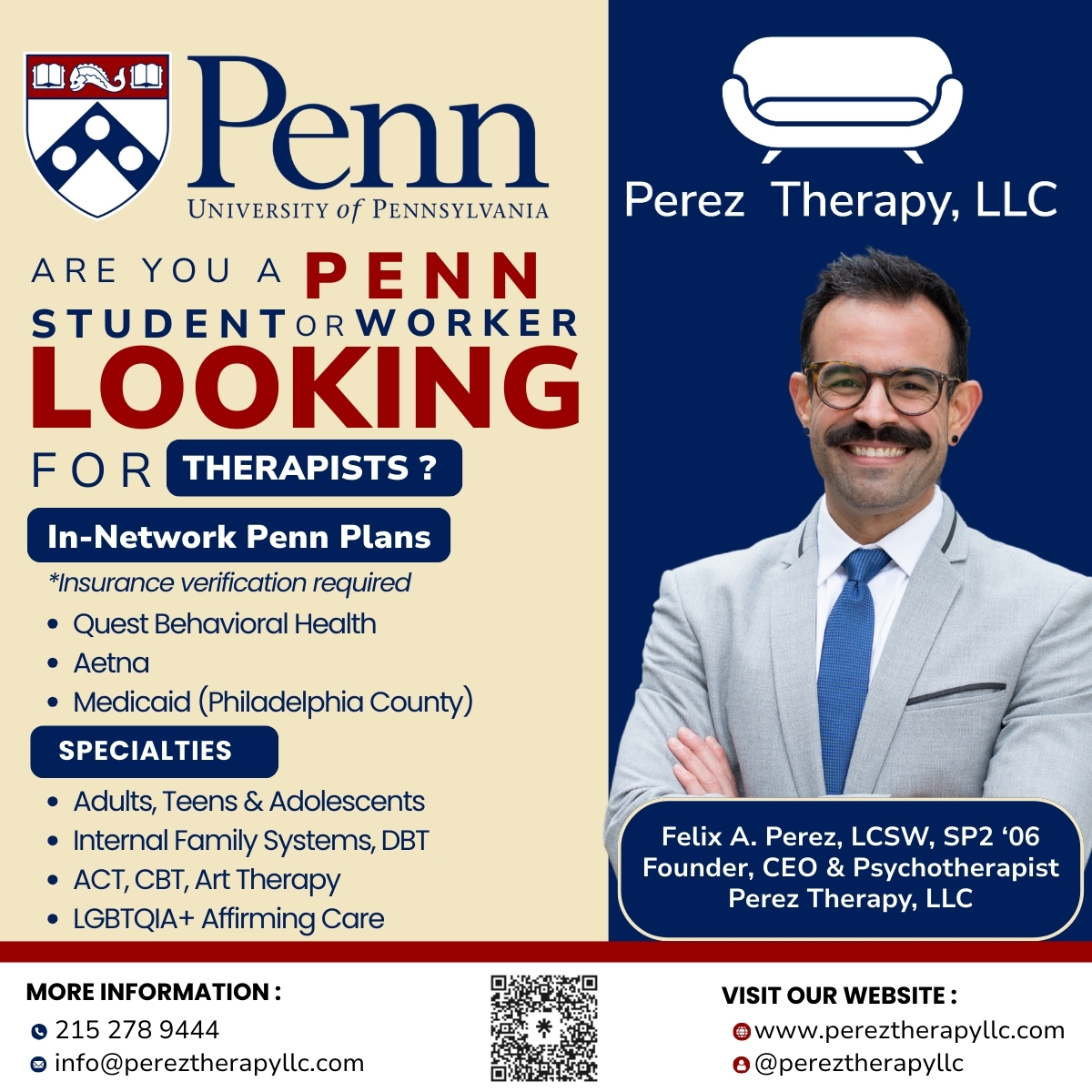 ✨ College life can be a lot — academic pressure, new relationships, big decisions. You don’t have to navigate it alone. At Perez Therapy, we’re here to support students and staff at the University of Pennsylvania through every chapter of the journey. 💬
We’re now accepting new clients and are in-network with Aetna, Quest, and Medicaid (insurance verification is required). Whether you’re feeling overwhelmed or just need someone to talk to, our team is ready to meet you where you are.
📍Virtual and in-person sessions available
💚 Inclusive & trauma-informed care
#MentalHealthSupport #UniversityOfPennsylvania #CollegeMentalHealth #TherapyForStudents #AetnaTherapy #QuestBehavioralHealth #MedicaidTherapy #PhillyTherapist #YouAreNotAlone #TherapyThatGetsIt #PennLifeSupport #PerezTherapyLLC