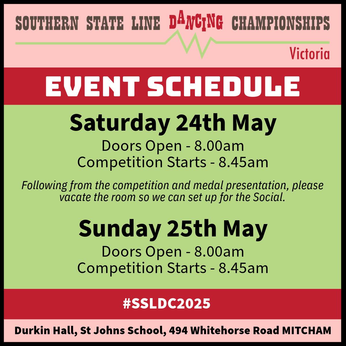 🎉 Get ready, dancers! The countdown is on for the Southern State Linedancing Championships 2025 💃🕺
We’re thrilled to welcome you all this weekend — and here’s everything you need to know about when the doors open:.
Please arrive early to check in, and get ready to kick up your boots for a weekend of incredible dancing and unforgettable fun! 💥
Tag your dance crew and spread the word!
#SSLDC2025 #LinedanceLife