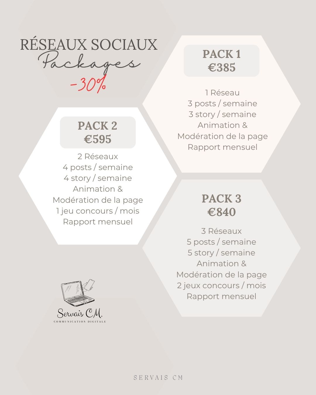 🎉💻 Offre Spéciale ! Économisez 30% sur Nos Packs Réseaux Sociaux ! 🌐✨
Que vous souhaitiez booster votre visibilité, engager votre audience ou créer des connexions significatives, nos Packs Réseaux Sociaux sont conçus sur mesure pour votre succès en ligne. Profitez dès maintenant d'une remise exceptionnelle de 30% sur toutes nos offres !
🚀 Nos Packs Réseaux Sociaux :
Pack 1 -30% : 1 Réseau | 3 posts/semaine | 3 story/semaine | Animation & Modération | Rapport mensuel
Pack 2 -30% : 2 Réseaux | 4 posts/semaine | 4 story/semaine | Animation & Modération | 1 jeu concours/mois | Rapport mensuel
Pack 3 -30% : 3 Réseaux | 5 posts/semaine | 5 story/semaine | Animation & Modération | 2 jeux concours/mois | Rapport mensuel
💬 Contactez-nous pour dynamiser votre présence en ligne à un prix avantageux ! 💬🌟 #PromoRéseauxSociaux #OffreSpéciale #BoostezVotrePrésence #ServaisCM 🎉
