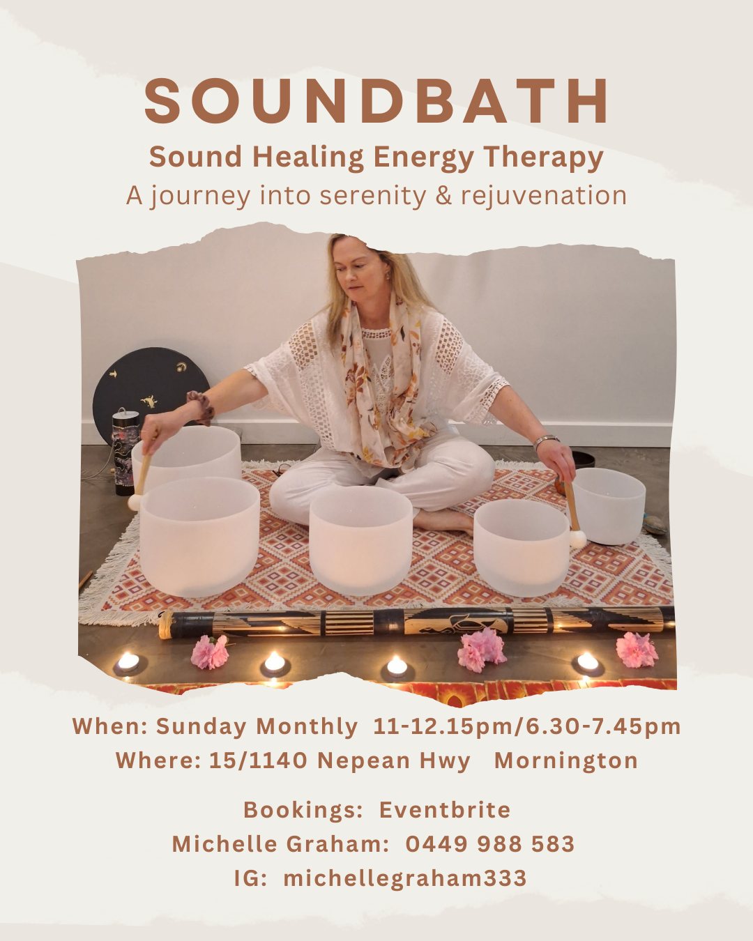 Get ready for the week ahead and relax at the end of your weekend with this wonderful session of Sound Healing with Michelle Graham (@michellegraham333) Held at our amazing space in Mornington.
.
Date: May 4
Time: 6.30-7.45pm
Cost: $35 per session
Location: 15/1140 Nepean Hwy, Mornington
.
From June onwards, Michelle will be offering these sessions monthly on a Sunday, you will be able to choose from morning or evening sessions, so be sure to follow her on Insta or Eventbrite.
.
Bookings:
https://www.eventbrite.com.au/e/sound-bath-journey-into-relaxation-serenity-tickets-1322668710719?aff=ebdssbdestsearch