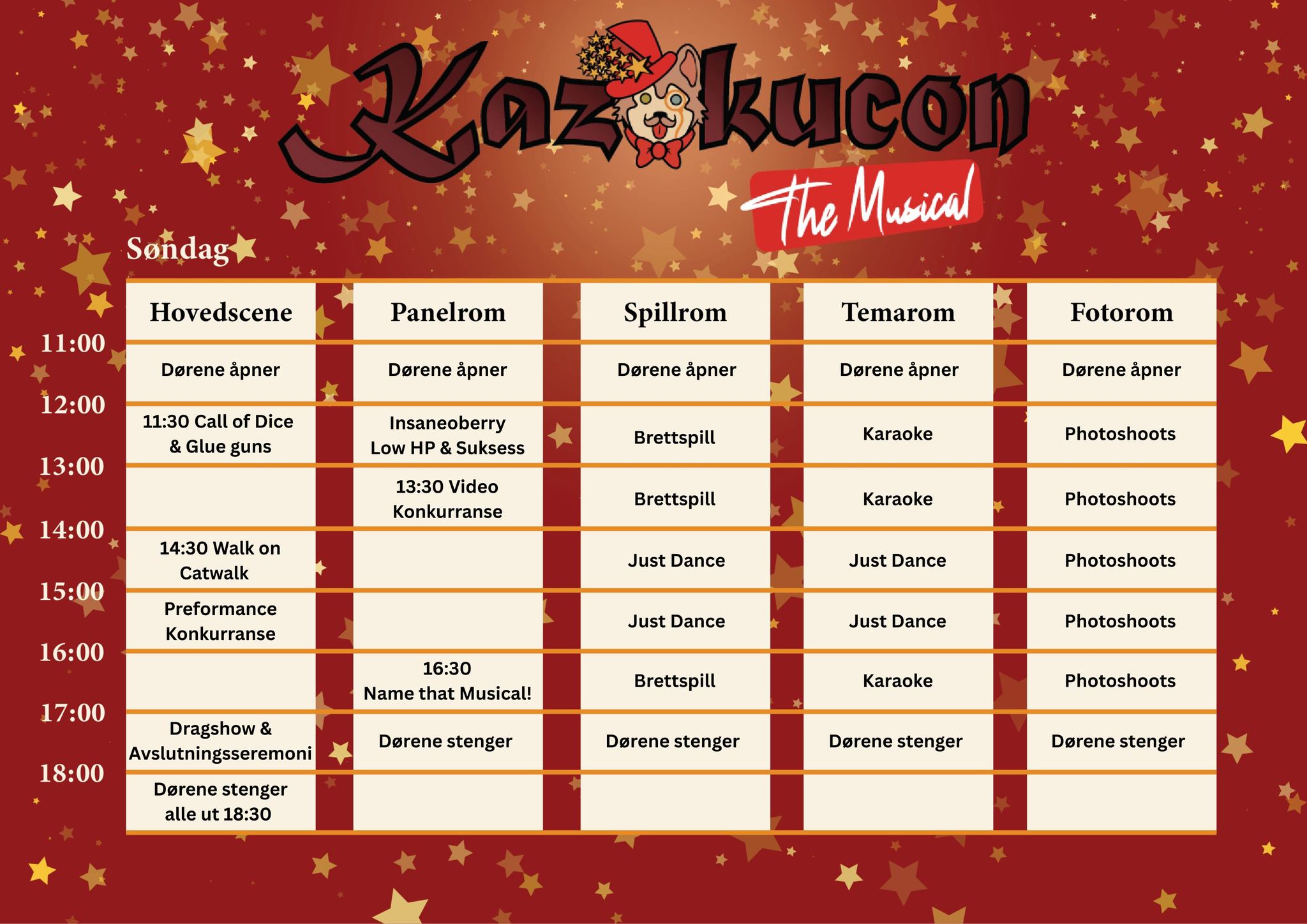 Liker du D&D? Liker du musikaler? Liker du kaos på en scene? Vi begynner søndagen på hovedscenen kl. 11.30 med Glue Guns og Call of Dice som slår seg sammen for et musikalsk kaos.
Shutterworks åpner dørene til sitt gratis fotostudio på søndag fra kl.12.
Kom på panel med Insaneoberry kl. 12.00 og hør hennes suksesshistorie kalt “Lav HP og suksess” hvor hun forteller om å jobbe med spilldesign og skape en karriere av dette.
Kom på hovedscenen kl.13.30 og se på de fantastiske videoene sendt inn til årets Videokonkurranse.
Neste på hovedscenen kl. 14.30 er den nye Walk on Catwalken, så husk å melde deg på i infodisken på søndag hvis du har lyst til å prøve deg på scenen. Fra Walk on Catwalken går vi rett over til Performance konkurransen, så kom å se karakterer brakt til liv på scenen.
kl.16.30 starter Name That Musical, så kom å ta plass enten som deltaker eller publikum for å gjette hvilke musikaler som du hører.
Før vi avslutter Kazokucon søndagen inviterer vi alle til hovedscenen for et dragshow ledet av Vincent Velvet, før vi takker for oss med den siste premieutdelingen for årets Kazokucon for Video- og Performance konkurransene, før vi takker for årets Kazu!!