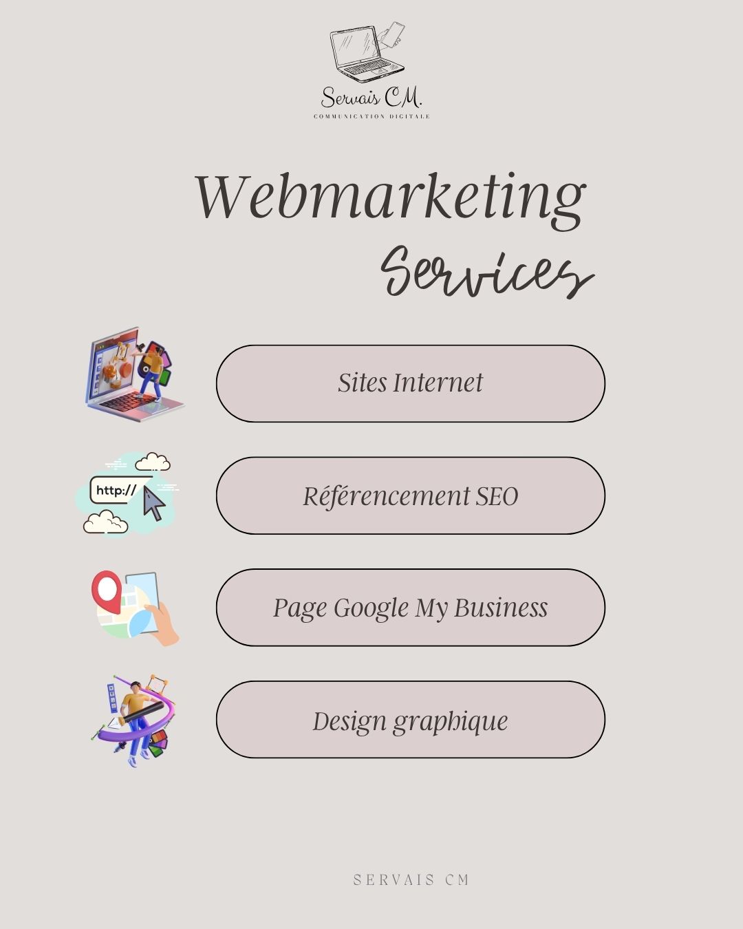 🌟 Boostez votre présence en ligne avec Servais CM ! 🌟
Chez Servais CM, nous vous aidons à briller dans le monde numérique avec nos services spécialisés. Découvrez ce que nous pouvons faire pour vous :
🌐 Sites Internet : Créez un site web captivant et fonctionnel qui représente parfaitement votre marque. Nous concevons des sites adaptés à vos besoins, modernes et intuitifs.
🔍 Référencement SEO : Optimisez votre visibilité en ligne et attirez plus de clients grâce à notre expertise en SEO. Nous vous aidons à apparaître en tête des résultats de recherche et à générer plus de trafic qualifié.
📍 Page Google My Business : Boostez votre visibilité locale avec une page Google My Business parfaitement optimisée. Attirez des clients à proximité et augmentez votre crédibilité en ligne.
🎨 Design Graphique : Sublimez votre identité visuelle avec des designs graphiques qui se démarquent. Nous créons des visuels uniques qui captivent l'attention et renforcent votre image de marque.
🚀 Prêt à transformer votre présence en ligne ? Contactez-nous dès aujourd'hui et laissez-nous propulser votre entreprise vers de nouveaux horizons !
#ServaisCM #SitesInternet #SEO #GoogleMyBusiness #DesignGraphique #MarketingDigital #Créativité #Innovation #VotreRéussiteNotreMission