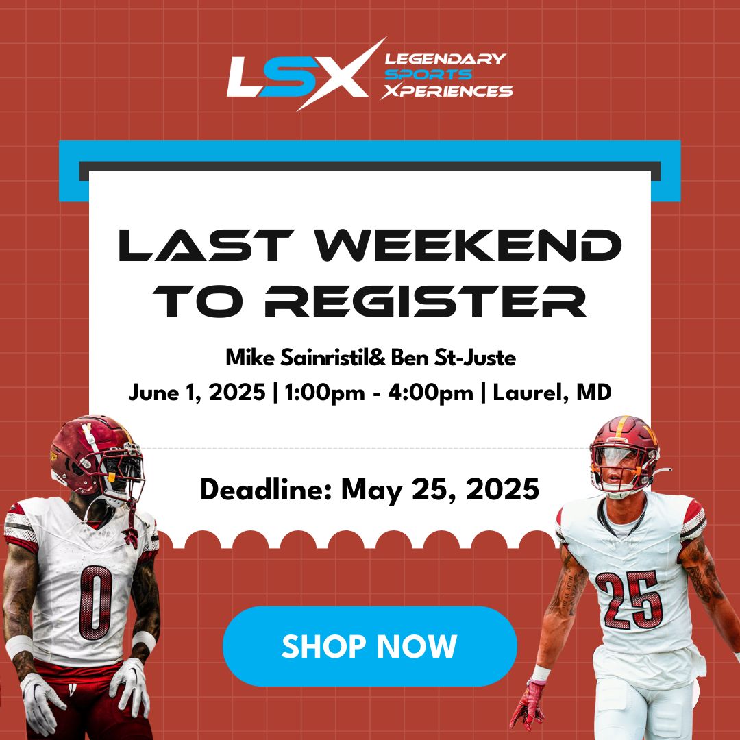 🚨 FINAL CALL: LAST WEEKEND TO REGISTER! 🚨 Don’t miss your chance to train with Mike Sainristil & Ben St-Juste at the LSX Football Camp in Laurel, MD! 🏈🔥
📅 June 1, 2025
🕐 1:00 PM – 4:00 PM
📍 Laurel, Maryland
⏳ Deadline to register: May 25, 2025
Secure your spot before it’s too late!
https://www.legendarysportsx.com/camp-schedule/mike-sainristil-ben-st-juste-youth-football-camp
