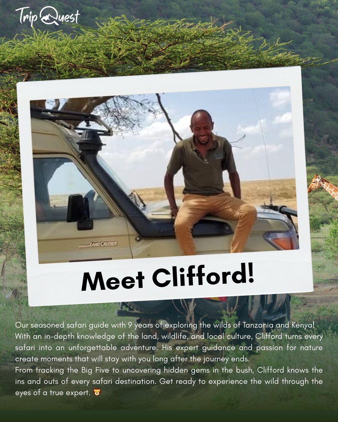 🌿 Ready for an adventure? Let Clifford be your guide.
#SafariGuide #TanzaniaSafari #KenyaSafari #WildlifeExpert #SafariAdventure #ExploreWithClifford