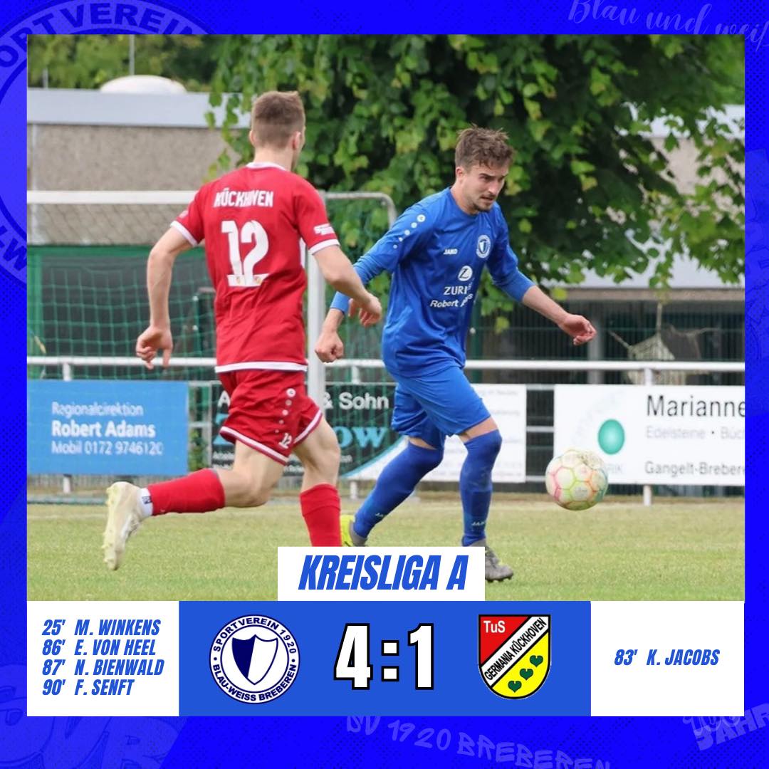 🔵⚪️ Erste Mannschaft mit wichtigem Sieg - Zweite chancenlos ⚪️🔵
Am vergangenen Sonntag war der TuS Germania Kückhoven zu Gast in Breberen. Der SVB startete gut in die Partie und ließ dann etwas nach. In der 25. Minute erzielte Maurice Winkens dann den Führungstreffer für den SVB. Kurz nach dem Seitenwechsel wurde einem Spieler der Gäste die rote Karte gezeigt, sodass man den Rest der Spielzeit in Überzahl agieren konnte. Trotz einem Mann mehr auf dem Rasen verlor man etwas die Kontrolle im Spiel und Kückhoven wurde besser. In der Schlussphase glichen die Gäste dann sogar zum 1:1 aus. Wenig später jedoch erzielte Eric von Heel (86.) die erneute Führung per Kopf. Direkt im Anschluss machten Nick Bienwald (87.) und Felix Senft (90.) mit dem 3:1 und dem 4:1 den Deckel drauf.
Unsere zweite Mannschaft spielte Zuhause gegen den VfR Übach-Palenberg. Die Gäste dominierten die Partie von Anfang an und gingen bereits nach 5 Minuten in Führung. Anschließend verteidigten unsere Blau-Weißen kompakt und versuchten nach Ballgewinn im Mittelfeld zu kontern. Nach einer guten Stunde erhöhten die Gäste auf 0:2 und nur kurze Zeit später auf 0:3. Dies war gleichzeitig auch das Endergebnis.
🔵⚪️
📸 @miriamsenft