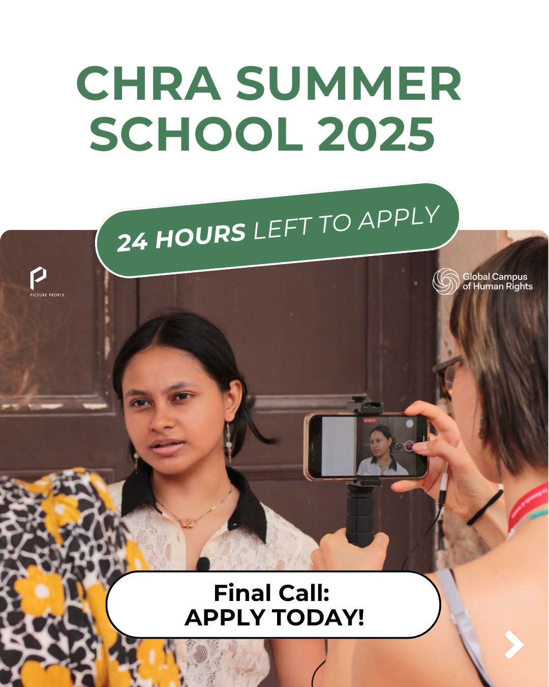 24 hours left to apply to #CHRASummerSchool2025!
This is your final call.
If you're a visual media creative ready to make an impact, don’t let this opportunity slip by.
Here’s what you’ll get:
➡️ Exclusive pass to the Biennale Film Festival
➡️ Masterclasses, workshops, and 1-on-1 guidance from industry experts
➡️ Networking with a pool of like-minded creatives
➡️ Private meetings with renowned film directors
Your vision deserves to be seen.
Apply now via the link in bio.
Powered by @picturepeoplemsp and @gchumanrights.
#filmmasterclass #filmindustry #filmdirectors #biennalefilmfestival #filmtips #CHRASummerSchool #EnvironmentalRights #HumanRights #FilmCreatives #MediaForChange #FilmForChange #PhotographyForChange #VisualMedia #FilmSchool #CinemaIndustry #StorytellingForChange #ImpactFilmmaking #YouthVoices #CreateTheChange #VisualActivism #DocumentaryForChange #Changemakers #ClimateAction #StandUp4HumanRights