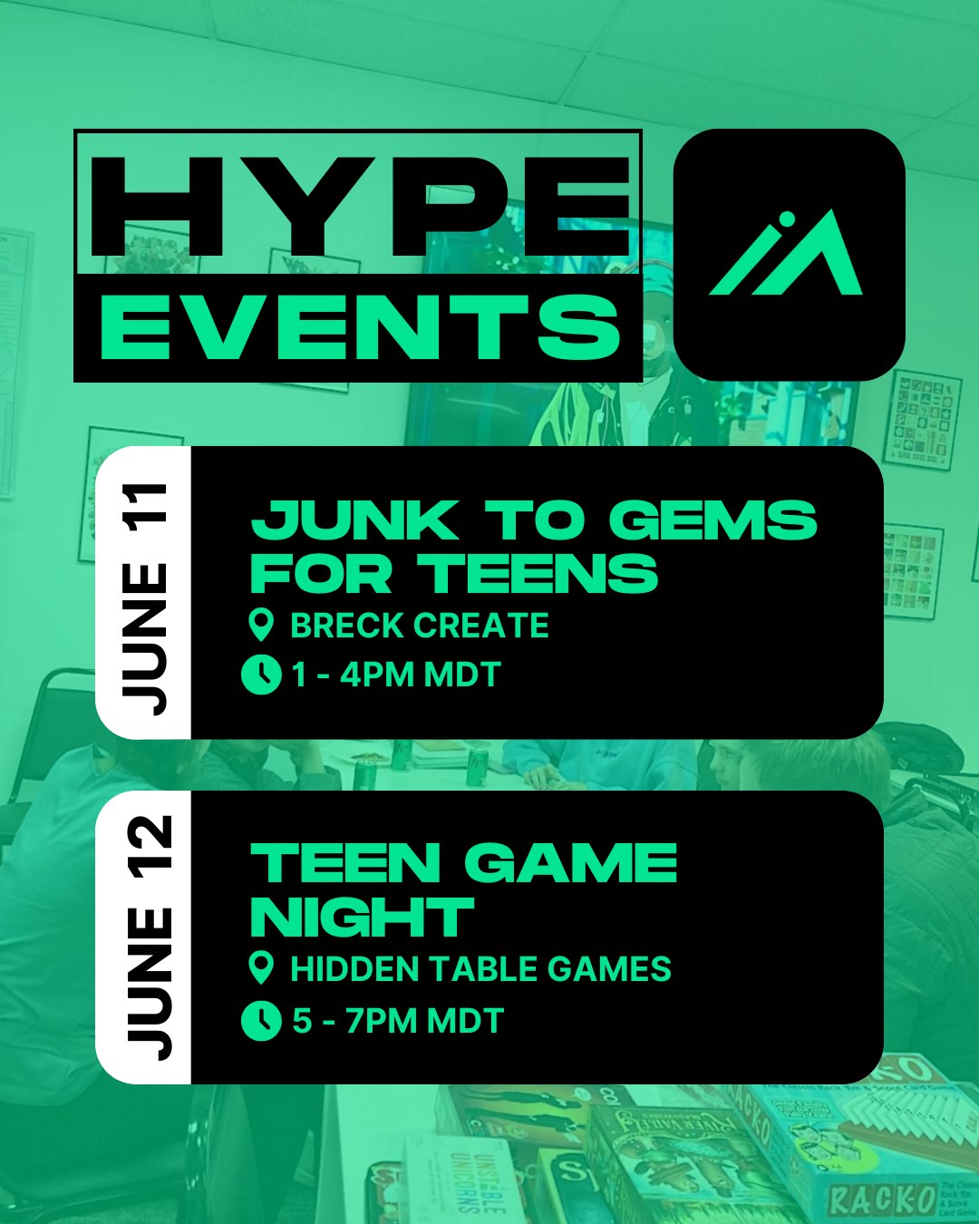 Ready to escape the everyday and dive into some awesome FREE fun? Hype Events has you covered!
Upcoming Events:
June 11: Junk to Gems for Teens
Unleash your inner artist at Breck Create from 1 PM - 4 PM MDT. Turn forgotten items into cool new treasures!
June 12: Teen Game Night
Challenge your friends and make new ones at Hidden Table Games from 5 PM - 7 PM MDT. Get ready for some epic gaming!
Don't miss out on these free events designed just for you! RSVP at this link: https://bit.ly/HYPEcalendar
#HypeEvents #TeenLife #FreeEvents #BreckCreate #HiddenTableGames #JunkToGems #GameNight #TeenFun