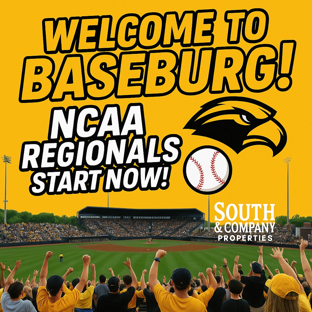 ⚾️ It’s not a national holiday… but here in Baseburg, it might as well be!
Southern Miss is hosting the NCAA Regional right here in Hattiesburg, and South & Company Properties is all in. 🖤💛
Our office will be closed tomorrow — not for business, but for baseball. See ya at the Pete!
Go Eagles! 🦅 #ToTheTop #Baseburg #RoadToOmaha