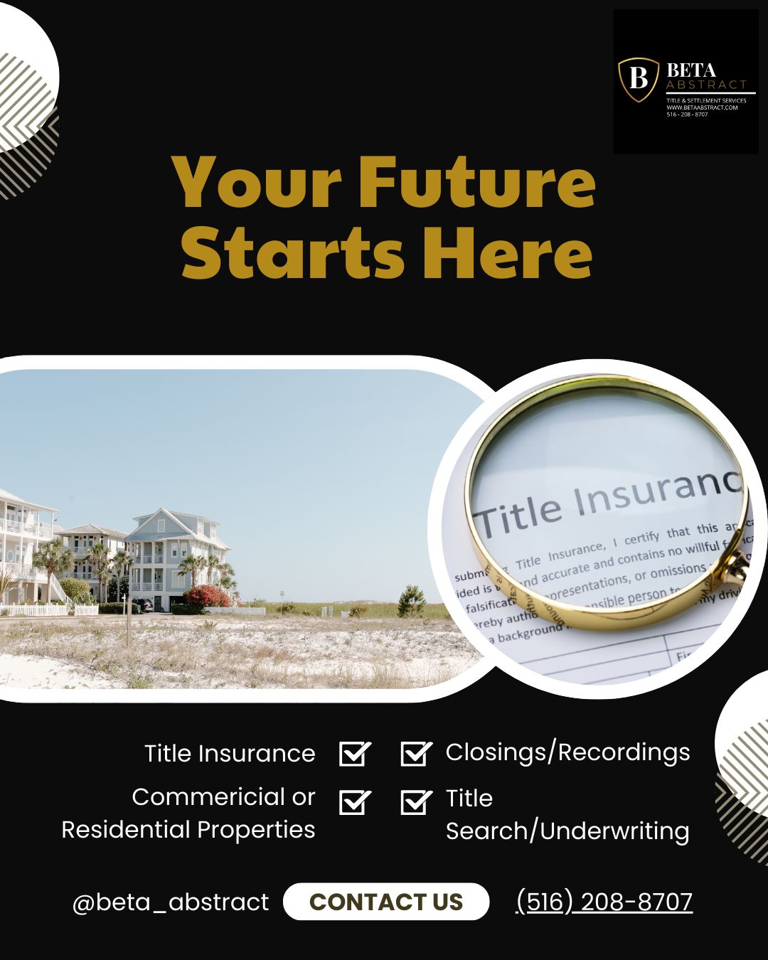 🔐 Your future deserves a strong foundation — and that starts with Beta Abstract.
Whether you’re closing on a home or handling a complex commercial deal, our team ensures smooth closings, accurate title searches, and reliable protection every step of the way.
🏡 Residential & Commercial Properties
📄 Title Insurance & Underwriting
✅ Closings & Recordings
📞 Contact us today to secure your investment: (516) 208-8707
#TitleInsurance #RealEstateNY #ClosingsMadeEasy #LongIslandRealEstate #BetaAbstract