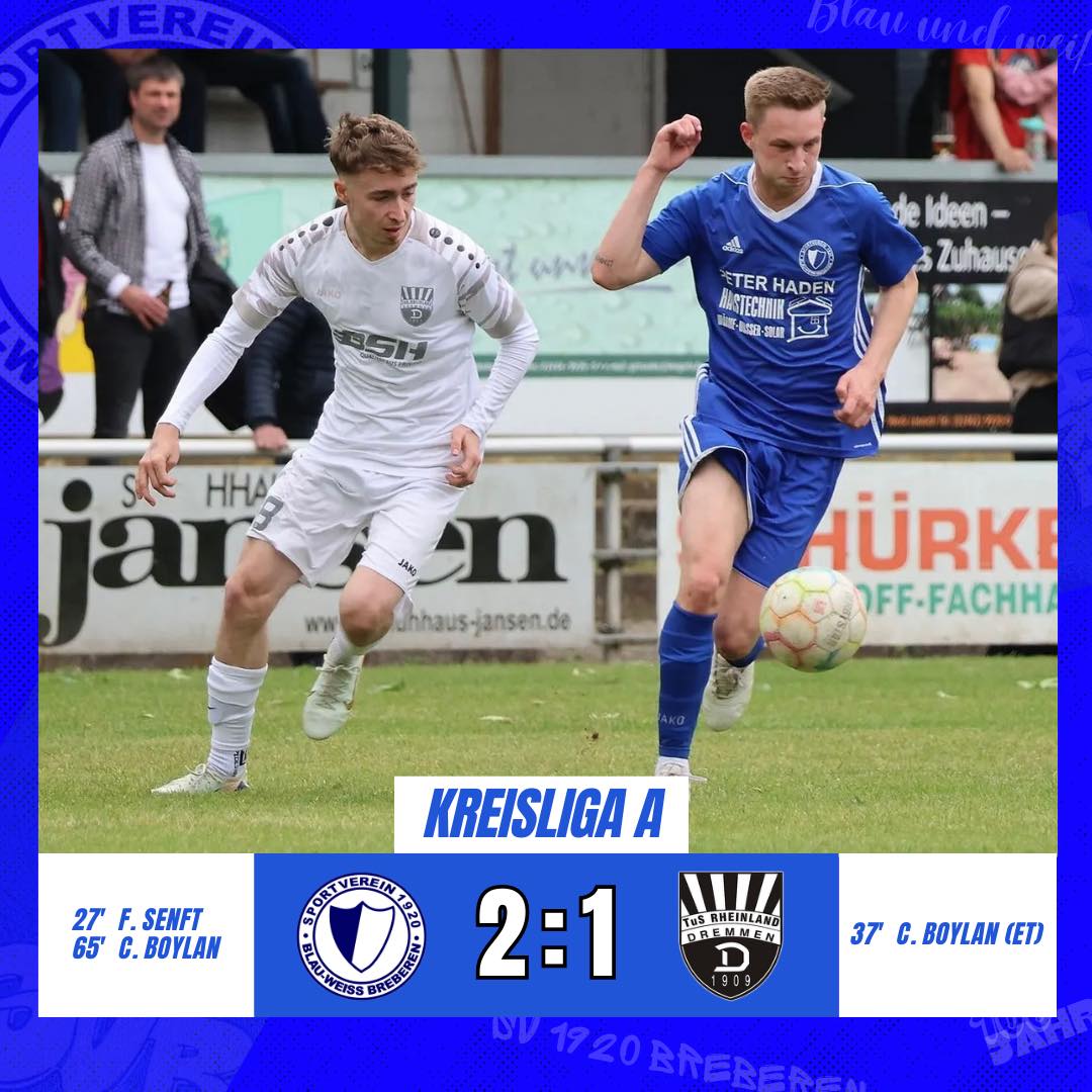 🔵⚪️ Erste schlägt Dremmen - Zweite verliert gegen Tabellenführer ⚪️🔵
Am vergangenen Sonntag war TuS Rheinland Dremmen zu Gast. Der SVB erwischte den besseren Start in die Partie und spielte mutig nach vorne und erzielte folgerichtig in der 27. Minute durch Felix Senft den Führungstreffer. Kurz vor der Halbzeit kassierte der SVB dann durch ein unglückliches Eigentor das 1:1. In der zweiten Halbzeit hatte der Gast mehr Ballbesitz, aber ohne wirkliche Torchancen. Nach einer guten Stunde war es dann Carel Boylan (65.), der nach einer Ecke zur 2:1 Führung einnickte. Der SVB verteidigte über die restliche Spielzeit souverän und gewann somit 2:1 gegen den TuS Rheinland Dremmen.
Unsere Reserve spielte gegen den Tabellenführer SV Scherpenseel-Grotenrath. Die Gäste waren von Beginn an die spielbestimmende Mannschaft und standen bereits nach wenigen Minuten 0:2 vorne. In der 34. Minute verkürzte Michael Gossen auf 1:2. Aber der Tabellenführer blieb davon unbeeindruckt und erhöhte kurz vor der Halbzeitpause auf 1:3. In der zweiten Halbzeit schossen die Gäste noch das 1:4 und 1:5. Demnach verlor man verdient gegen den Tabellenersten der Kreisliga B.
🔵⚪️
📸 @miriamsenft