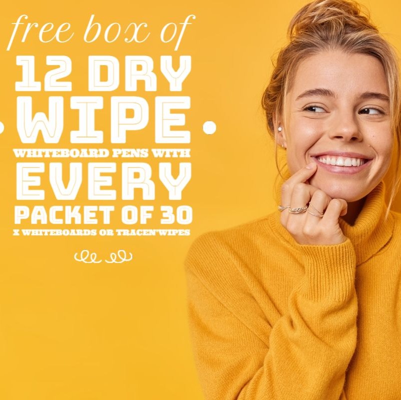 Free Box of 12 x Whiteboard Pens with every packet of 30 x Whiteboards or 30 x Trace N Wipe. Order online at www.e-lam.ie or call our sales team on 01-4475967.
