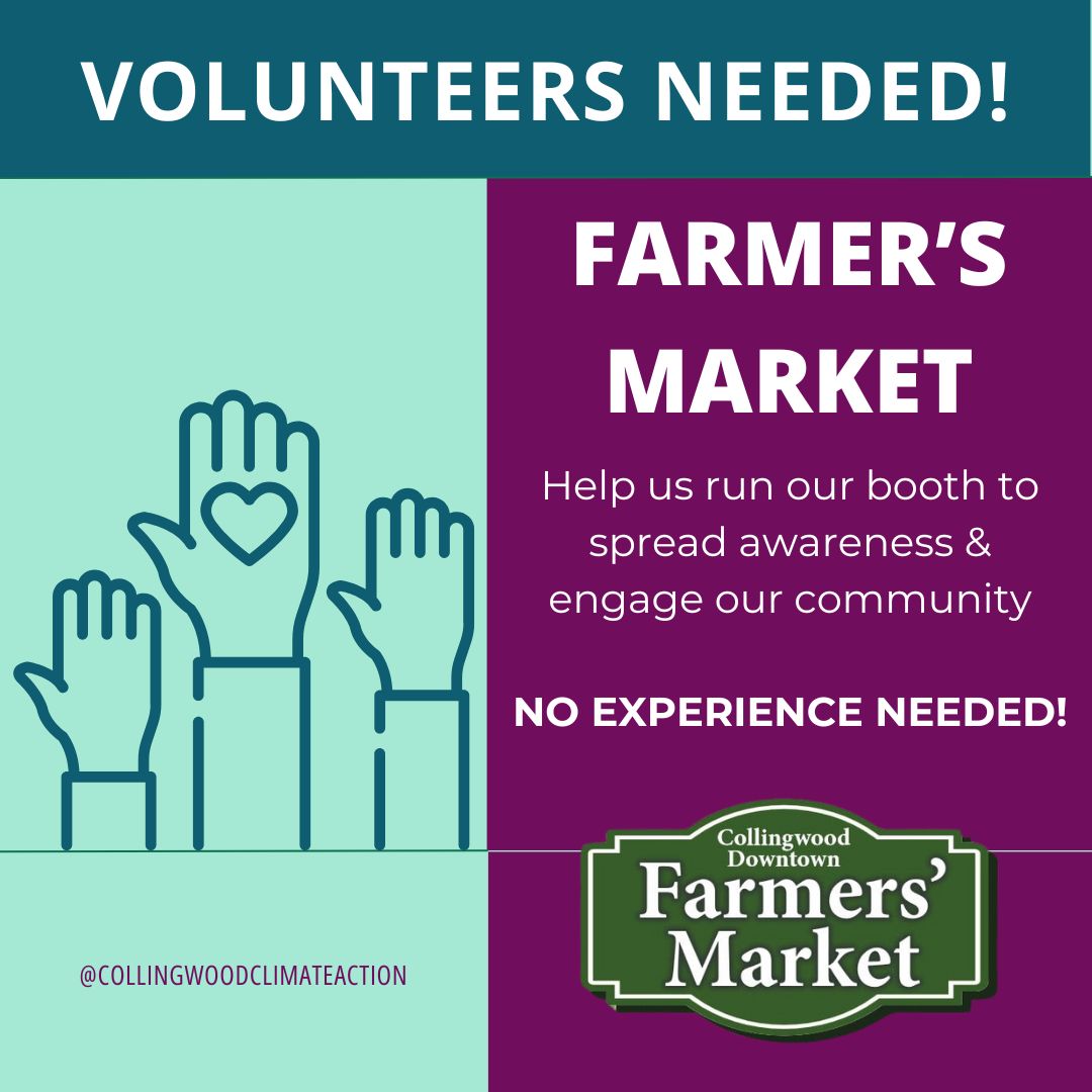 We’re looking for friendly faces to help at our Farmers Market booth on Saturday, May 31st! No experience needed—just a passion for community and climate action 💚
🛍️ We'll be selling reusable food storage bags to fundraise for our free workshops. A couple of hours of your time makes a big difference!
📩 DM us or sign up at the link in bio!
#VolunteerWithUs #CollingwoodClimateAction #FarmersMarket #CommunityPower #ClimateActionStartsHere #downtownfarmersmarket #collingwoodfarmersmarket #collingwood #volunteer