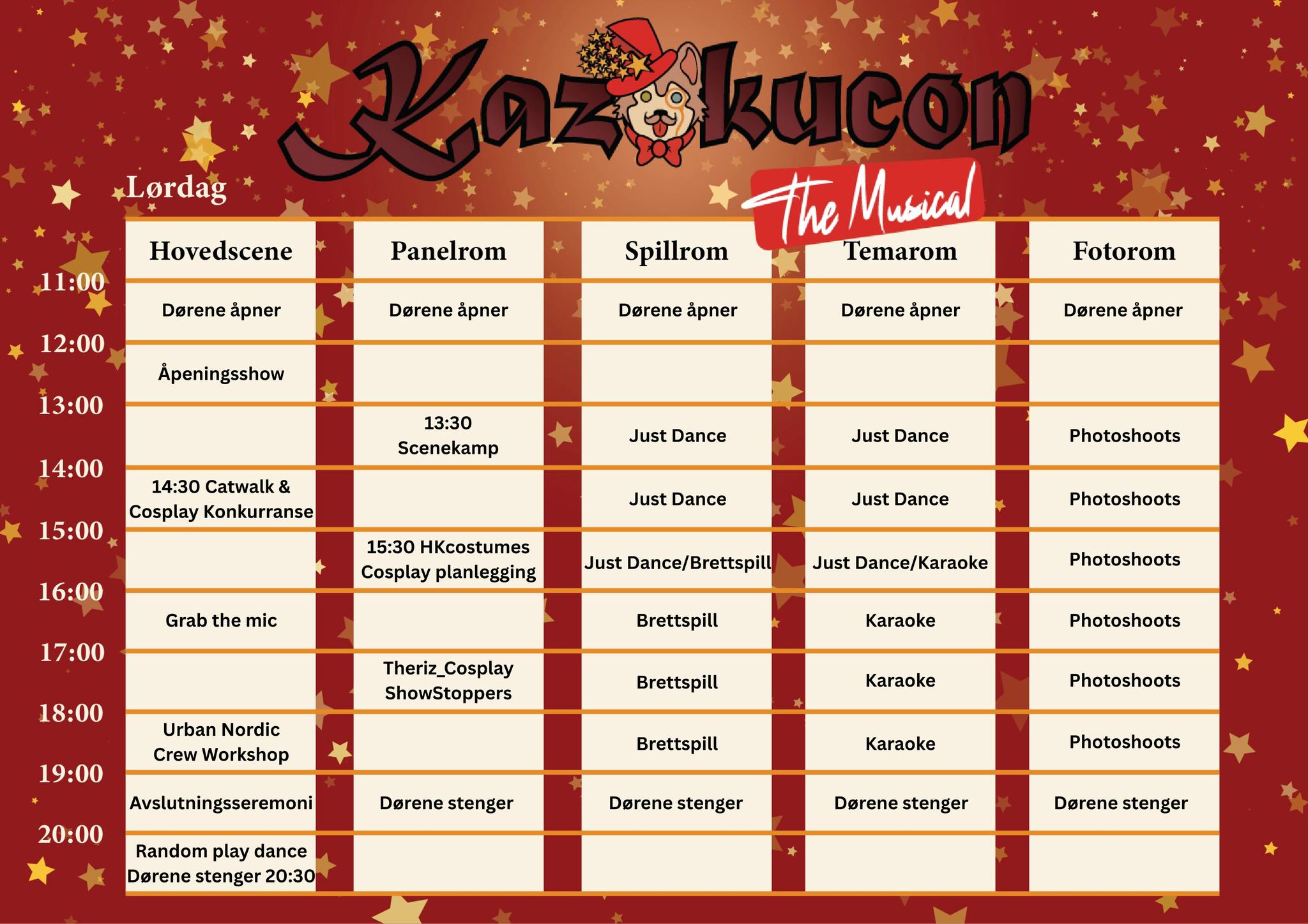Vi åpner Kazokucon på lørdag med et musikalsk åpningsshow. Etter dette åpner Shutterworks dørene inn til sitt gratis bildestudio for gjester.
Scenekamp er neste kl.13:30, hvor du kan lære teknikker brukt i Nordic Stage Fight Society og kanskje lage planer for egne scenekamp scener på video, bilde eller scene.
Cosplay og Catwalk konkurransene vil ta plass på scenen, så kom innom 14:30 for å se fantastiske cosplayere vise seg frem.
Kostyme planlegging kl.15:30 med HK Costumes hvor du kan lære hvordan å bryte ned et cosplay eller kostyme prosjekt inn i mer overkommelige biter.
Grab the mic 16:00
Kl. 17.00 kan du komme på panel om hvordan å planlegge og utføre en skikkelig cosplay performance, holdt av vår kjære Theriz Cosplay.
Lær å danse som et K-pop idol kl.18.00 med instruksjoner fra Urban Nordic Crew, UNC, på deres workshop.
Bli med å avslutte lørdagen på Kazokucon på avslutningsseremonien hvor det blir premieutdeling for Cosplay og Catwalk konkurransene, etterfulgt av Random Play Dance, RPD, med mange forskjellige musikksjangere på listen for i år.