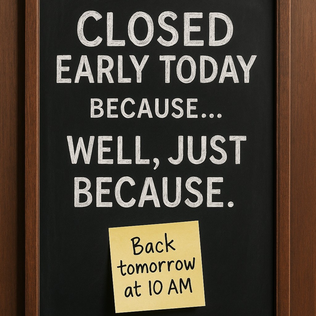 ☕🌞 We might’ve hit our caffeine limit… and by “might,” we mean definitely.
We’re closing early today at 3 PM so we can go chase the sunshine (and maybe calm down a little 😅).
Don’t worry — we’ll be back tomorrow at 10 AM with less jitter and more joy.
Enjoy your afternoon — you’ve earned it. 💛
#BlendedSolutions #ClosedEarly #SmallBizLife #TooMuchCoffee #SeeYouTomorrow #SunshineBreak #WorkHardRestHard #BookstoreVibes #CoworkingLife #blendedsolutionssundre #coworksundre #bookstoresundre