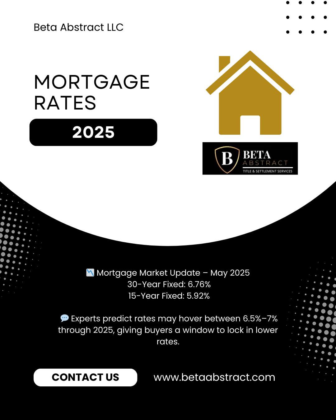 Rates are shifting, and timing matters. 🕒
If you're buying or refinancing, having a trusted title company on your side can make all the difference.
At Beta Abstract, we make closings smooth, secure, and stress-free—no matter where rates go next.
💼 Ready to close with confidence?
Tap the link in bio or message us today.
#BetaAbstract #TitleCompanyNY #RealEstateNY #MortgageMarket #ClosingDayReady