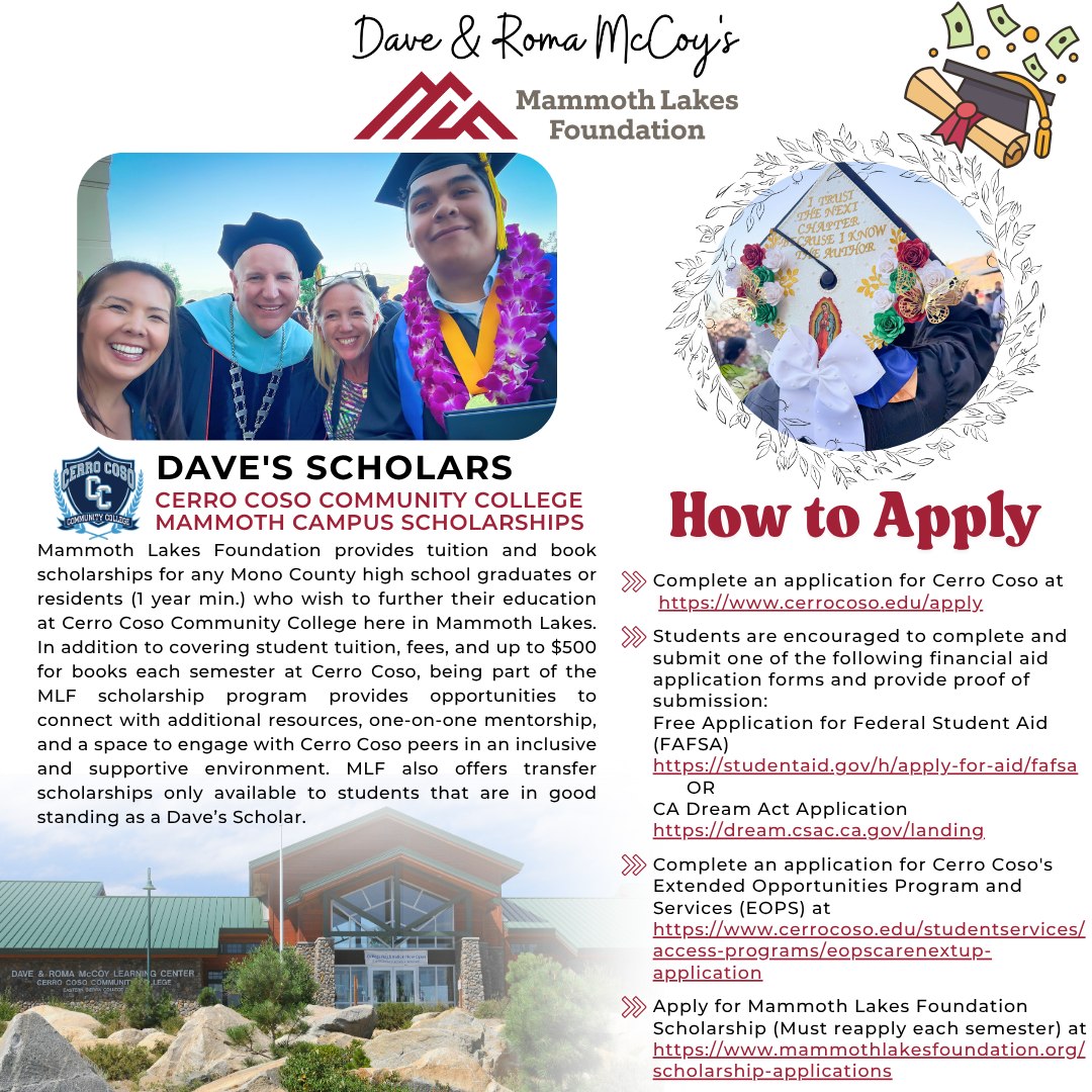 🌟 Why Become a Dave's Scholar?🧑🎓
Hear from one of our newest Scholars, Josh, who just completed his first semester at Cerro Coso in pursuit of his dream in becoming a Nurse Practitioner:
“The Mammoth Lakes Foundation was there to get me started on this journey and continues to make this career dream a reality. I didn’t even know where to begin with nursing school while living in Mammoth Lakes—until I walked into the MLF office and talked to Elizabeth. Thank you, MLF!”
📚 Fall scholarship applications are OPEN now!
🗓️ Deadline: August 1st
🔗 Learn more and apply:https://www.mammothlakesfoundation.org/scholarship-information
💬 Questions about eligibility or need help with your application?
📧 Contact Scholarship Coordinator Elizabeth:
elizabeth@mammothlakesfoundation.org | 📞 760-934-3781