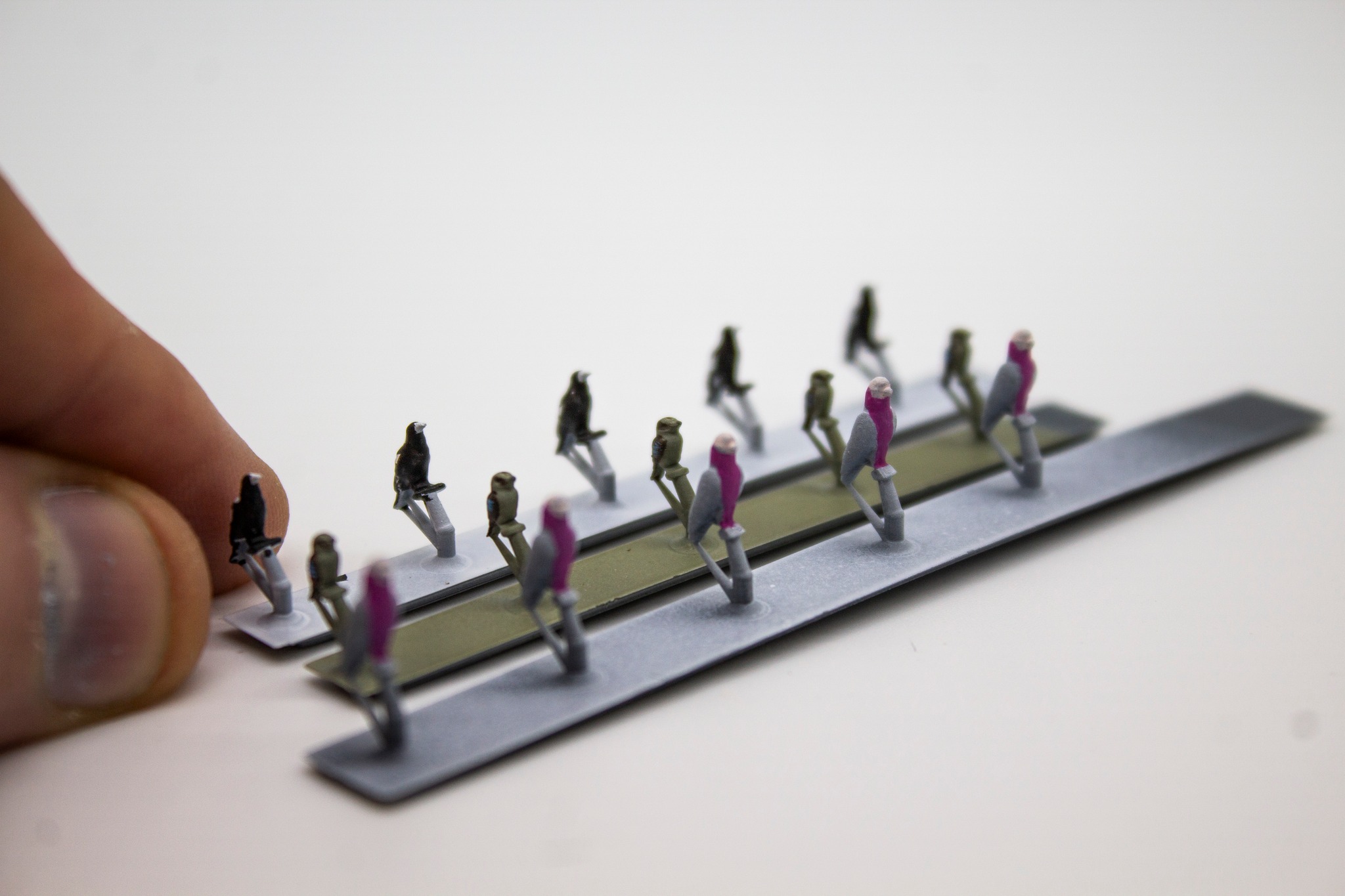 Our latest batch of painted birds flying out of the workshop to their new homes. If you think these might go well in your layout, catch them at https://www.platformprinting.com #hoscale #tiny #modeltrains #miniature #miniatures #animals #tinyanimals #handmade