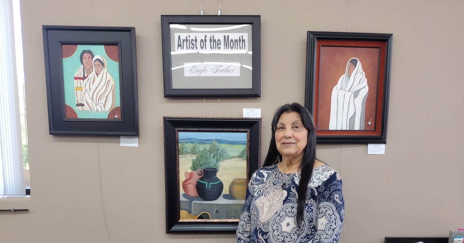 Our artist of the month in June is Chris Eagle Feather Hill. Born and raised in Odessa, Eagle Feather is a proud member of the Jicarilla Apache people.
She was attracted to art at a young age. At Odessa Collage she learned to work in oil, ink, pencil and Prisma color drawing but found that working in acrylics was her preferred medium. She also creates wonderful jewelry in the Native and new Native style.
Chris moved to Marble Falls in 2014 and joined the Highland Arts Guild. She found a home there for her creativity. You can see her unique artwork and jewelry creations at the Highland Arts Guild & Gallery located at 318 Main Street, Marble Falls, TX.