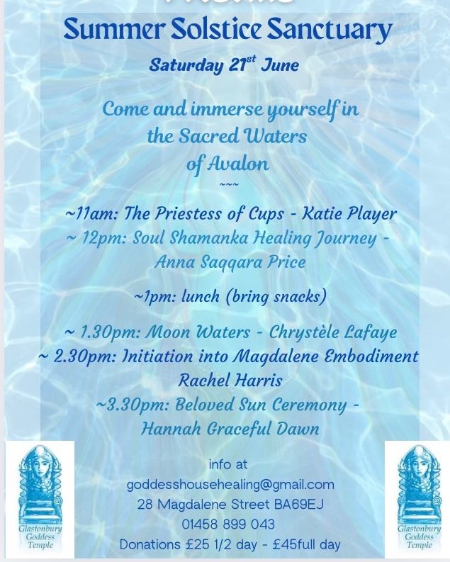💙 GODDESS HOUSE PRESENTS 💙
Celebrate Summer Solstice with us at Goddess House!
A full day to celebrate another turn of the Wheel of the Year.
Beautiful sharing from our talented Priestesses and Therapists.
Just drop in on the day.
#summersolstice #watergoddess #avalon #glastonbury #ladyofavalon