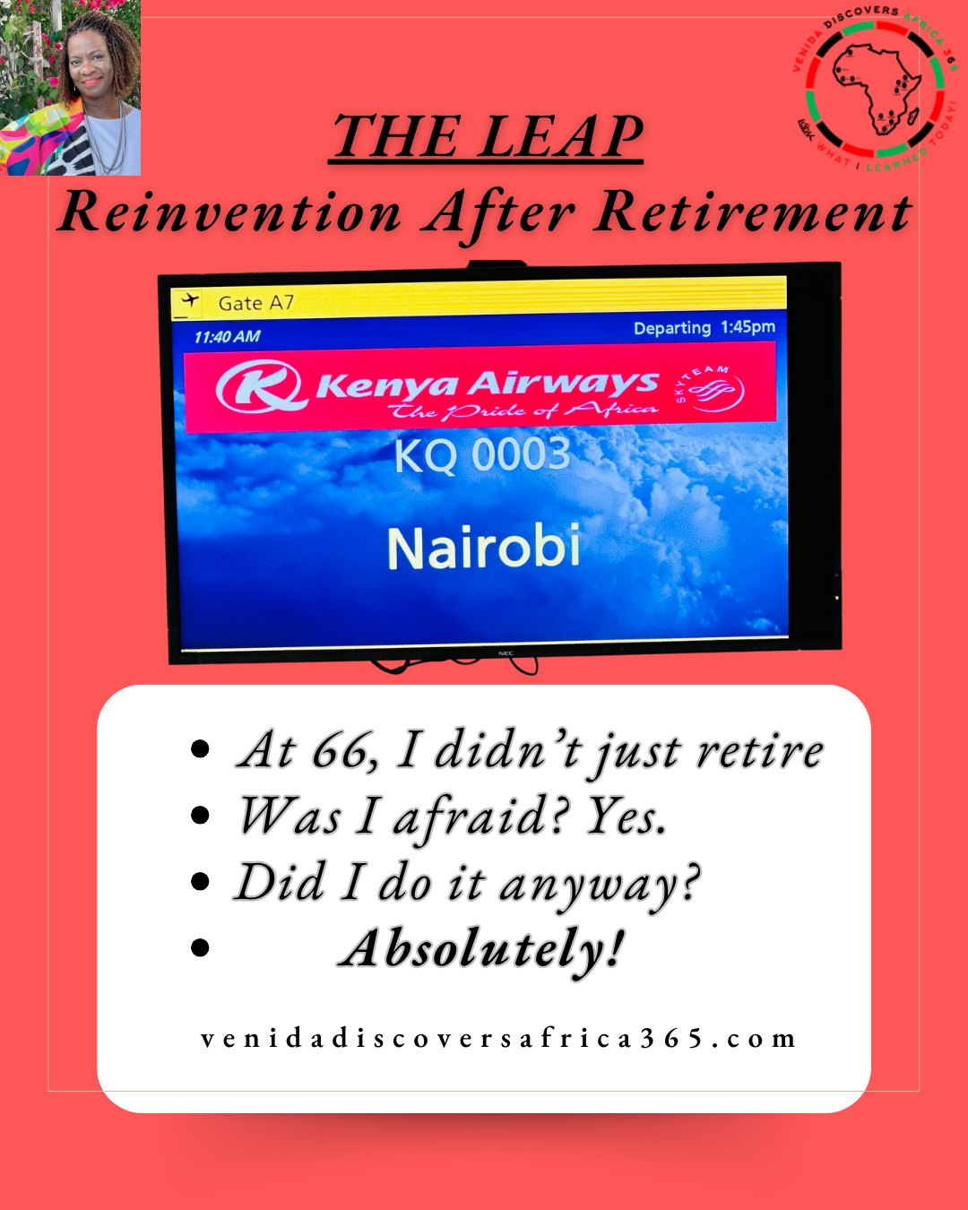 ✨ Reinvention After Retirement: The Leap ✨
At 66, I didn’t just retire—I jumped. I left a high-powered tech career, financial security, and the comfort of routine to say yes to something wild and uncertain. With no map, no tour group, and no backup plan, I traded boardrooms for border crossings.
Was I afraid? Yes.
Did I do it anyway? Absolutely!
Reinvention doesn’t come with instructions. But it starts the moment you decide the best chapters of your life are still ahead.
#BlindFaithBook #ReinventionAfterRetirement #FaithOverFear #SoloTravelOver60 #LifeBeginsNow #BlackWomenTravel #venidadiscoversafrica365 #travelkenya #travelafrica #solotravelover60 #africadreams