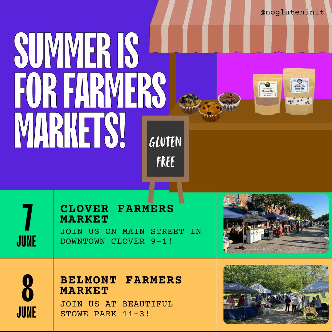 Summer is for Farmers Markets!
Stop by this weekend for your favorite gluten-free treats 🍪
Saturday June 7th - Clover Farmer's Market - 9-1
Sunday June 8th - Belmont Farmer's Market 11-3
#glutenfree