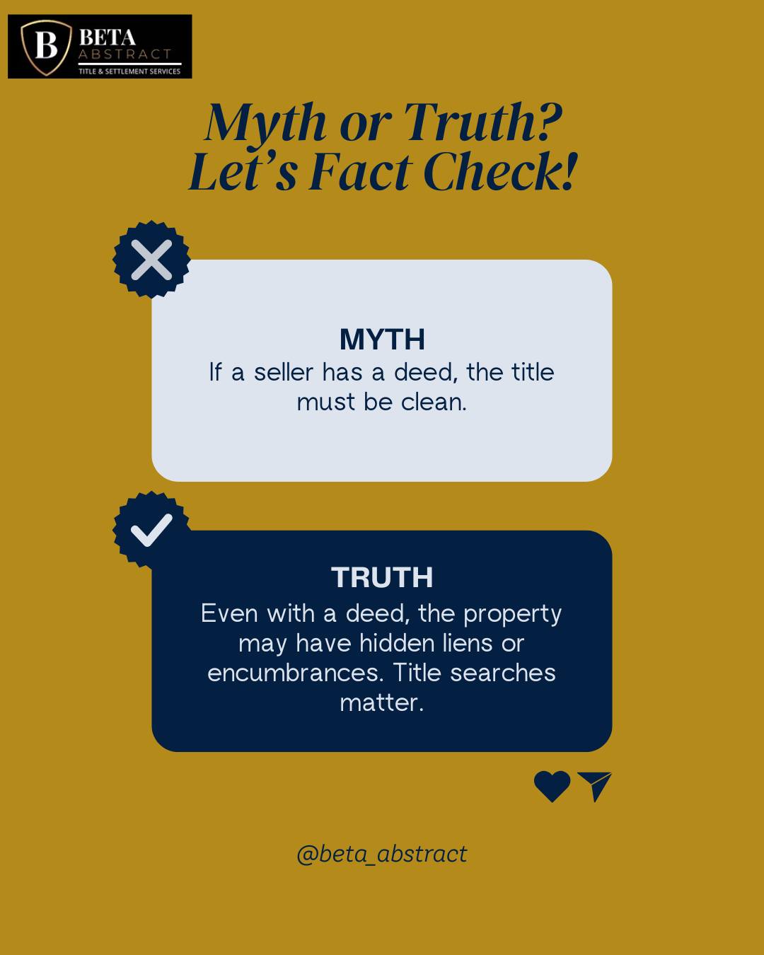 🚨 MYTH BUSTED! 🏡
Just because a seller has a deed doesn’t mean the title is clean. 😬
⠀⠀⠀⠀⠀
🔎 TRUTH: There could still be hidden liens or legal issues attached to the property. That’s why title searches are a MUST before you close!
⠀⠀⠀⠀⠀
💼 Trust the experts — protect your investment.
⠀⠀⠀⠀⠀
📲 Follow @beta_abstract for more real estate facts and tips!
#TitleCompany #RealEstateTips #MythVsTruth #HomeBuying #TitleMatters #BetaAbstract