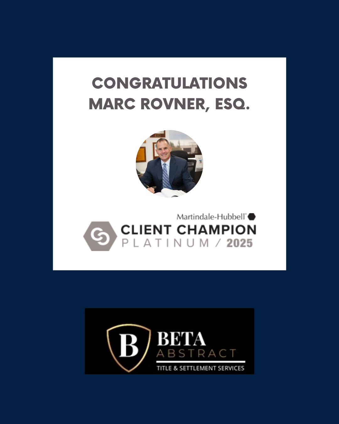 🎉 Congratulations to our very own Marc Rovner, Esq.! 🎉
We are proud to share that Marc Rovner has been awarded the Martindale-Hubbell 2025 Client Champion – Platinum distinction! 🏆
This honor is granted to attorneys who have received 10 or more client reviews and maintained an average rating of 4.5 stars or higher. Marc’s dedication to outstanding service and client satisfaction continues to set the standard.
👏 Join us in celebrating this well-deserved recognition!
@marcrovnerattorney
#ClientChampion #LegalExcellence #TitleAndSettlement #MartindaleHubbell #PlatinumAward #ClientFocused #RealEstateLaw #Titleinsurance #BetaAbstract