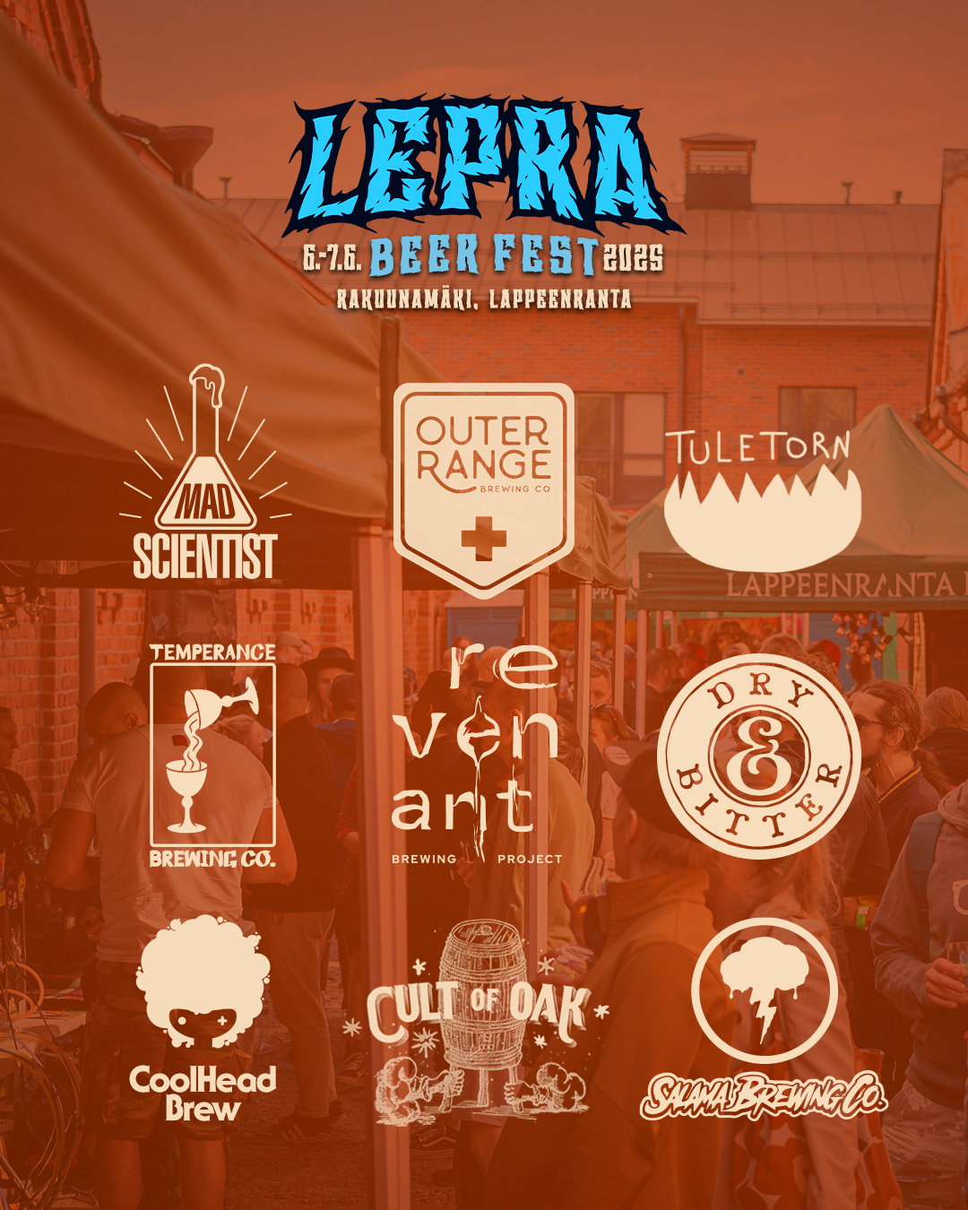 🎉IHAN PIAN! 🎉
LEPRA BEER FEST 2025 ON KÄSILLÄ!
Emme voisi olla enempää innoissamme! Panimokattaus näyttää aika kovalta, vaikka itse sanonkin. Tässä kuvassa näet, että festivaalien alue on hieman muovautunut viime vuodesta, panimoiden ollessa rivissä heti sisääntulopisteen lähettyvillä!
Tiedoksi; 400 lippua per päivä ovella myynnissä ja lipunmyynti aloitetaan heti tapahtuman alkaessa! Ja muista varata jalkaasi hyvät popot!
AUKIOLOAJAT
PE 16:00 - 23:00
LA 14:00 - 23:00