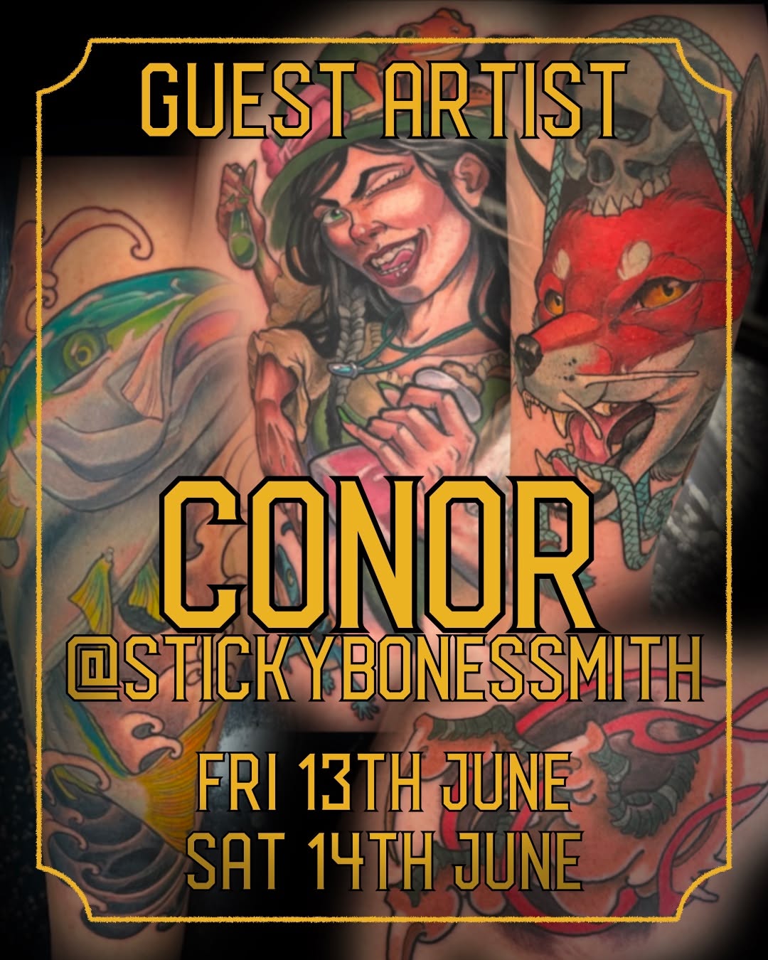 🎉 Guest Artist Takeover: Conor AKA @stickybonessmith 🎉
Just when you thought we were all done with guests, a wild Conor appears!
Conor is based out of the legendary Sacred Tattoo in Auckland, and will only be with us for 2 days so don't hesitate to grab a space with him!!
Conor is one of those artists whose meticulous approach to his drawing results in super dynamic, illustrative tattoos that are catered to you and sure to be unique!
Here for Friday the 13th and Saturday the 14th of June - get in touch with him directly via instagram @stickybonessmith or email him @ iknowstickybones@gmail.com