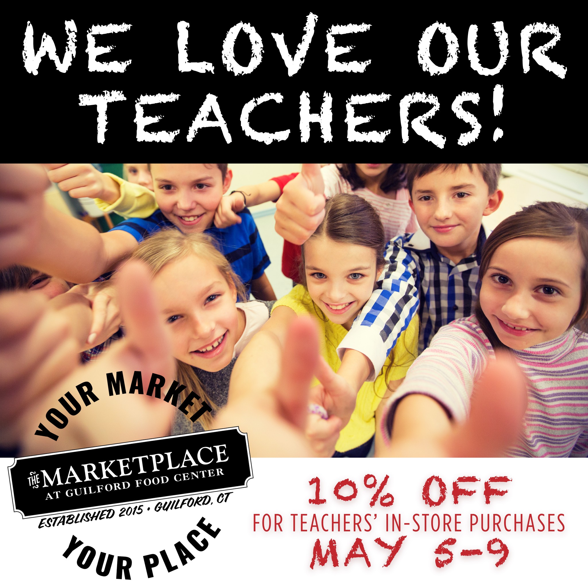 We're celebrating teachers with 10% off! In honor of Teacher Appreciation Week (May 5-9), we're giving all educators 10% off as a thank you for the incredible impact you make every day.
Whether you're in the classroom or behind the scenes — this one’s for you! Stop in all week, show your school ID, and receive 10% off all in-store purchases!
#themarketplaceguilford #yourmarketyourplace #ourplaceisyourplace #thisisguilford #localfirst #ctshoreline #community #TeacherAppreciationWeek #ThankATeacher #TeachersDeserveIt
