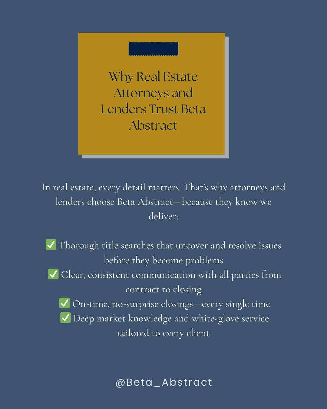 At Beta Abstract, real estate attorneys and lenders trust us because we handle every detail with precision and professionalism. 🏡💼
From comprehensive title searches 🔍 to seamless closings ✍️, we’re dedicated to making the process as smooth and stress-free as possible for everyone involved.
#TitleInsurance #RealEstateClosing #NYRealEstate #TitleCompany #ClientFocused
#BetaAbstract