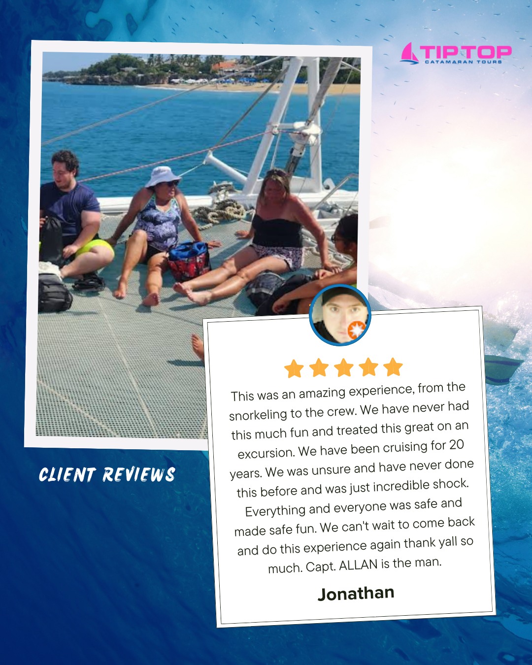 Nothing makes us happier than hearing about your amazing experiences! ⭐
A huge THANK YOU to our incredible guest for this glowing review. 🌞 We love bringing adventure, relaxation, and unforgettable memories to every trip! Ready to create your own? Book your Tip Top experience today! 🚤🌊
#thankyou #fivestarreview #sailingfun #oceanadventure #snorkeltime #bestdayever #tiptopcatamaran #caribbeanlife #seasaltvibes #oceanbreeze #unforgettablemoments